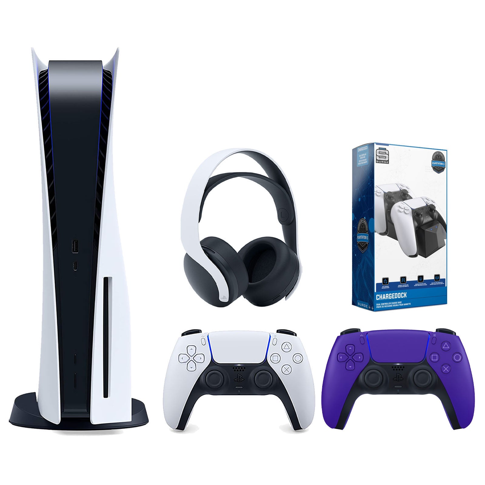 Sony Playstation 5 Disc Version Console with Extra Purple Controller, White PULSE 3D Headset and Surge Dual Controller Charge Dock Bundle - Pro-Distributing