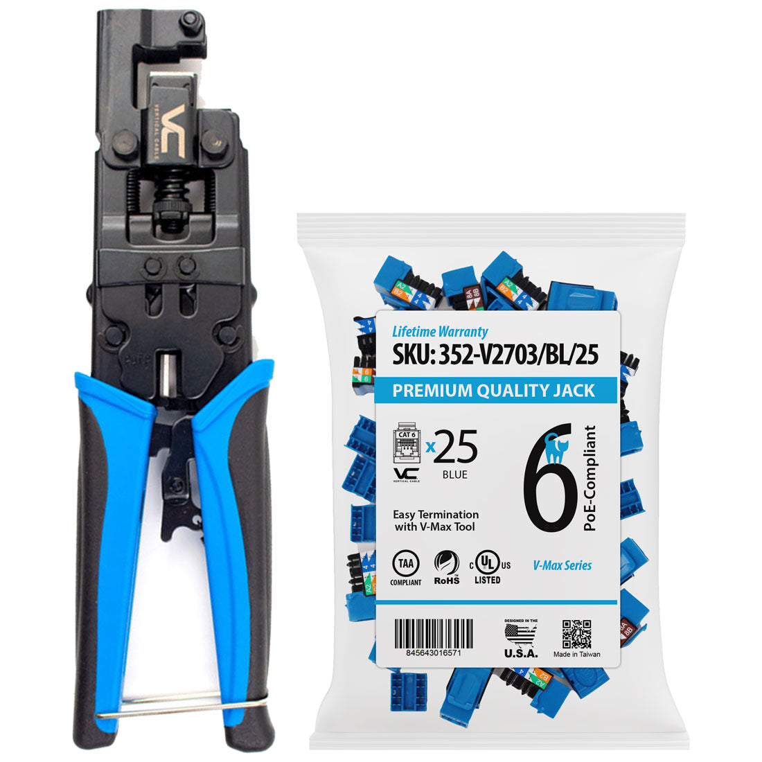Vertical Cable V-Max One Punch Down Termination Tool and CAT6 RJ45 Keystone Jack Ethernet Network Connectors Bundle - 25 Count - Blue - Pro-Distributing