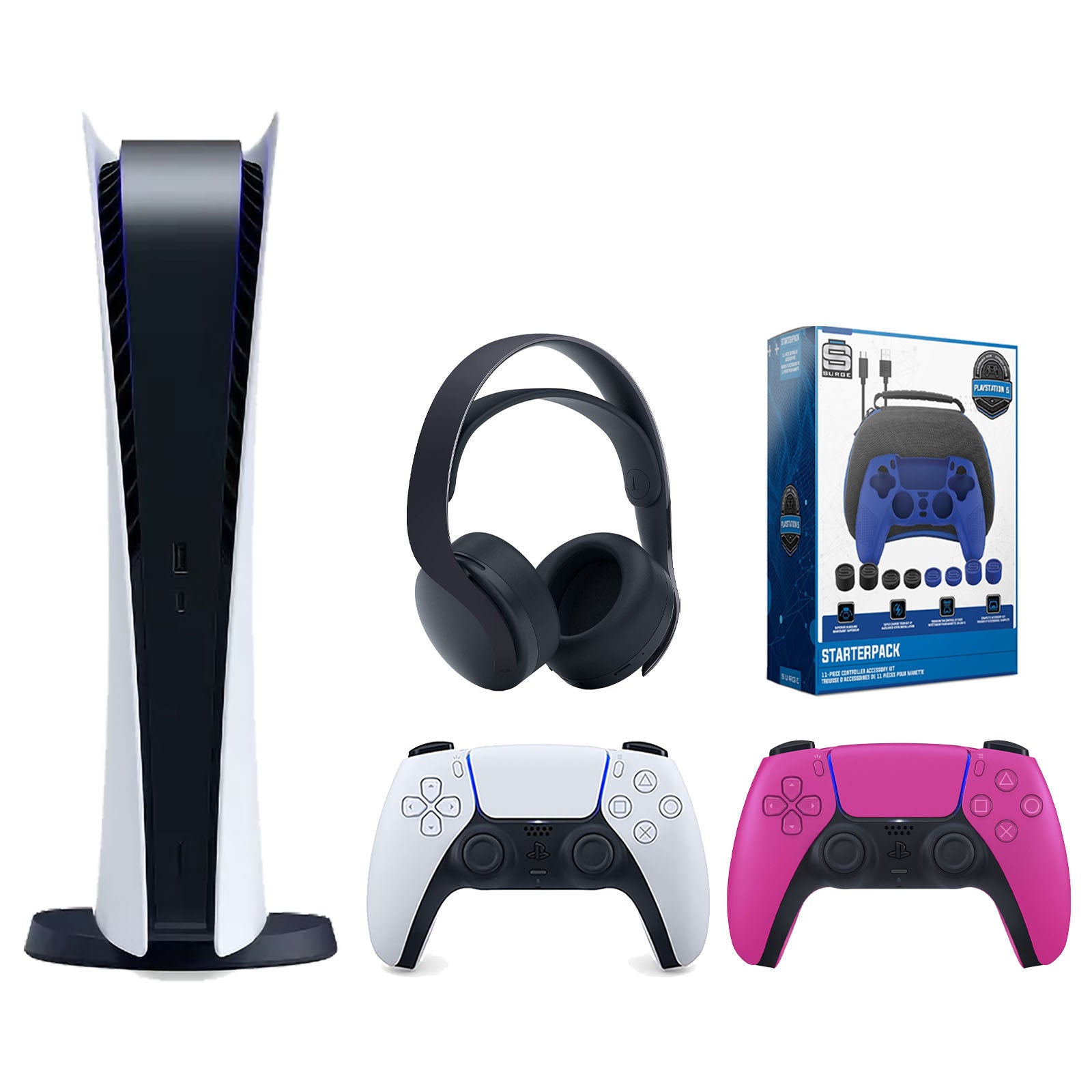 Sony Playstation 5 Digital Edition Console with Extra Pink Controller, Black PULSE 3D Headset and Surge Pro Gamer Starter Pack 11-Piece Accessory Bundle - Pro-Distributing