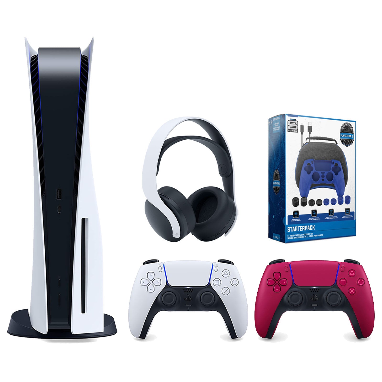 Sony Playstation 5 Disc Version Console with Extra Red Controller, White PULSE 3D Headset and Surge Pro Gamer Starter Pack 11-Piece Accessory Bundle - Pro-Distributing