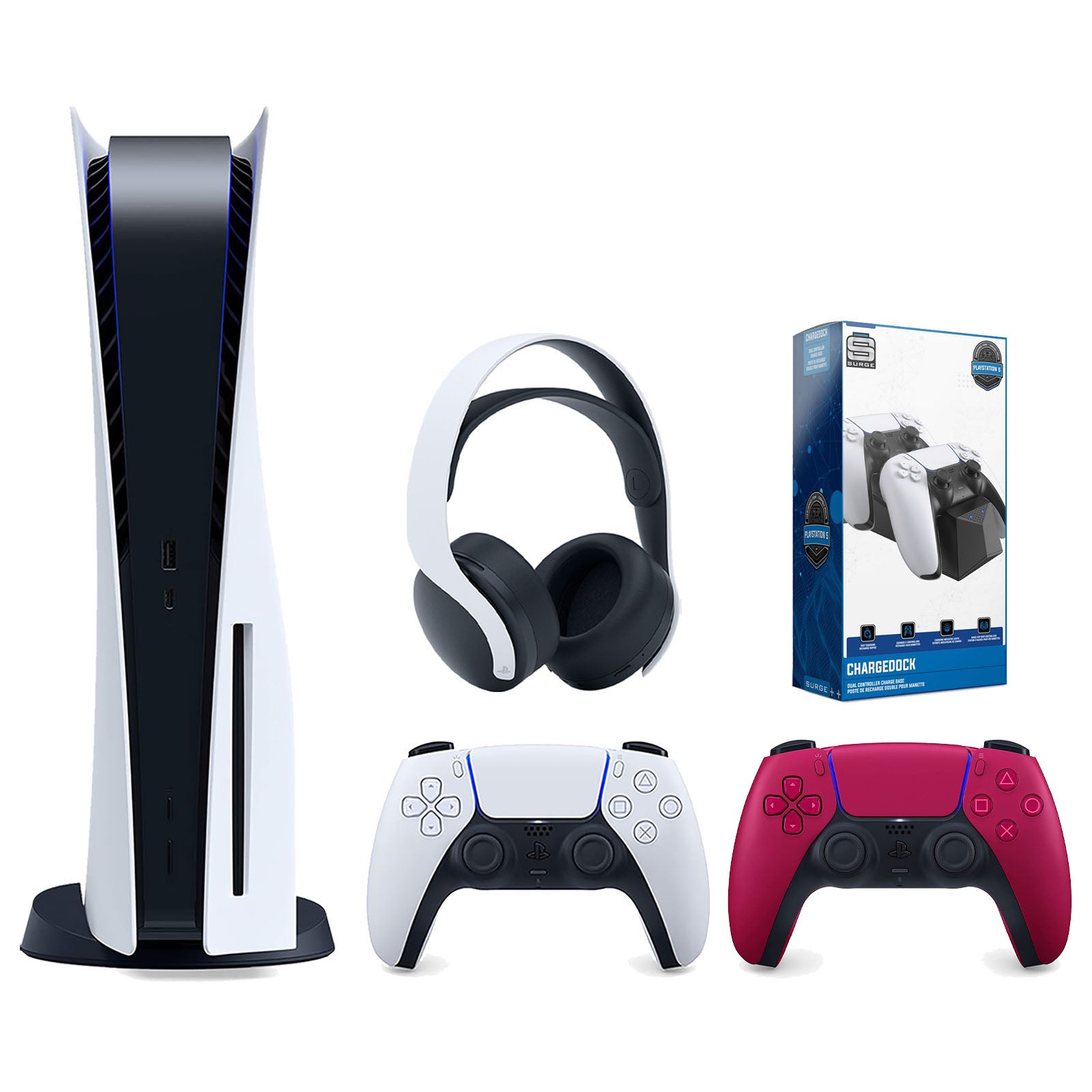 Sony Playstation 5 Disc Version Console with Extra Red Controller, White PULSE 3D Headset and Surge Dual Controller Charge Dock Bundle - Pro-Distributing