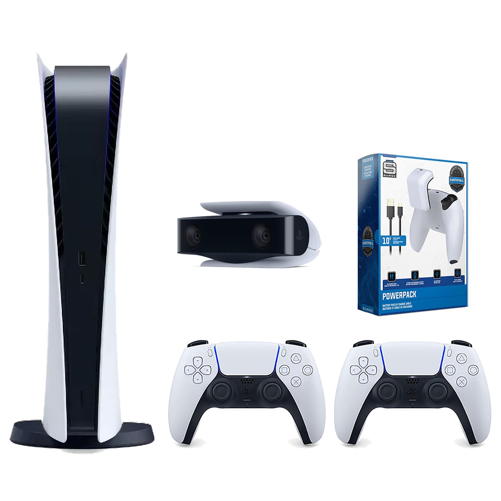 Sony Playstation 5 Digital Edition Console with Extra White Controller, 1080p HD Camera and Surge PowerPack Battery Pack & Charge Cable Bundle - Pro-Distributing