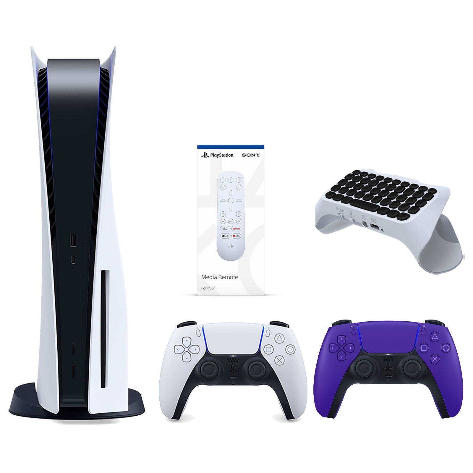Sony Playstation 5 Disc Version Console with Extra Purple Controller, Media Remote and Surge QuickType 2.0 Wireless PS5 Controller Keypad Bundle - Pro-Distributing