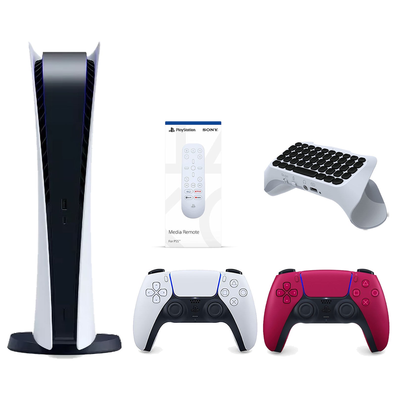 Sony Playstation 5 Digital Edition Console with Extra Red Controller, Media Remote and Surge QuickType 2.0 Wireless PS5 Controller Keypad Bundle - Pro-Distributing