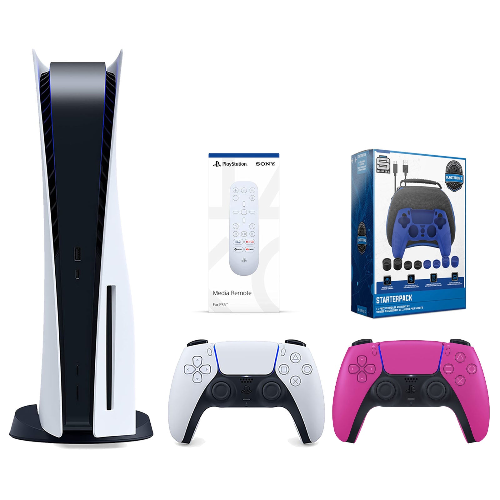 Sony Playstation 5 Disc Version Console with Extra Pink Controller, Media Remote and Surge Pro Gamer Starter Pack 11-Piece Accessory Bundle - Pro-Distributing