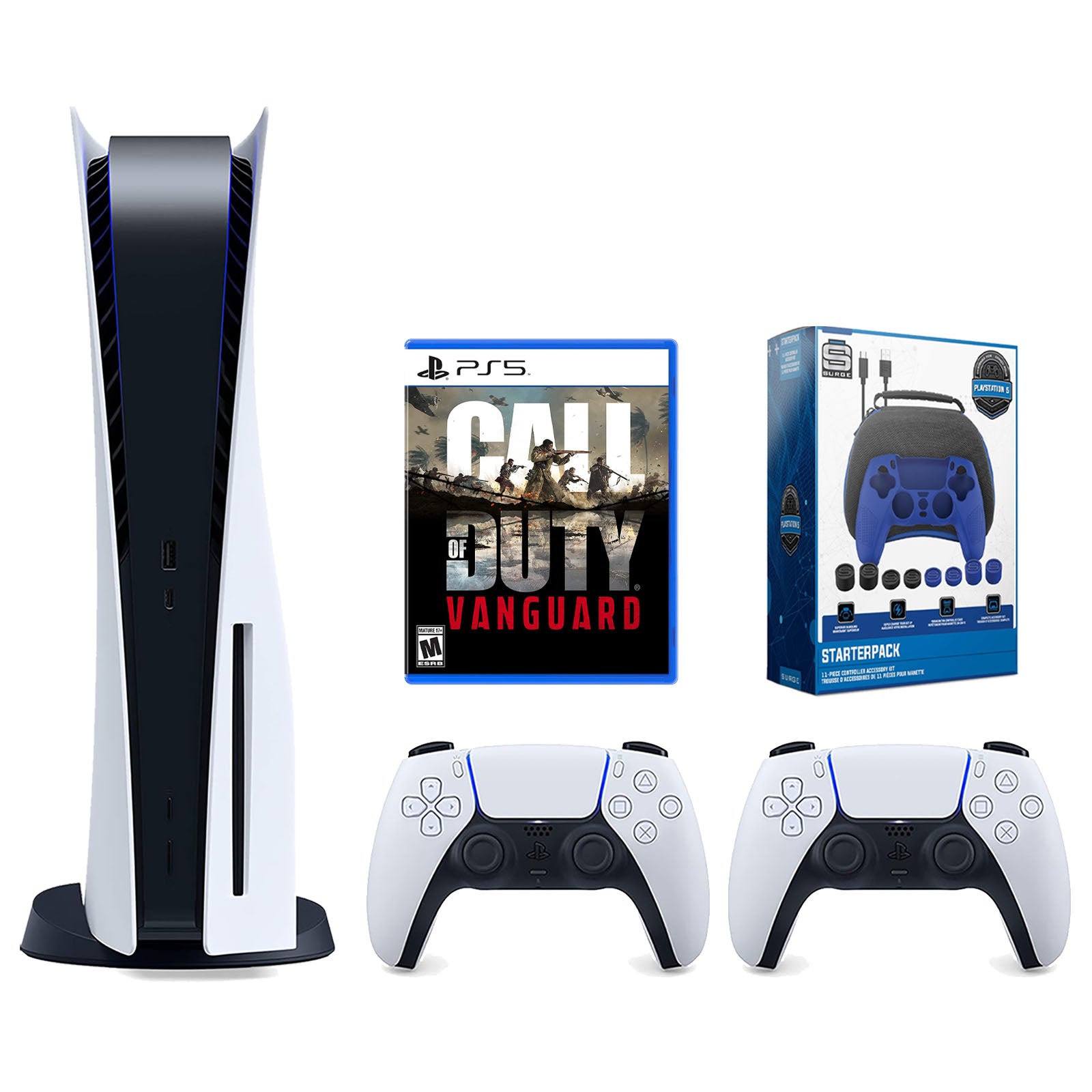 Sony Playstation 5 Disc Version Console with Extra White Controller, Surge Pro Gamer Starter Pack 11-Piece Accessory Kit and Call of Duty: Vanguard Bundle - Pro-Distributing