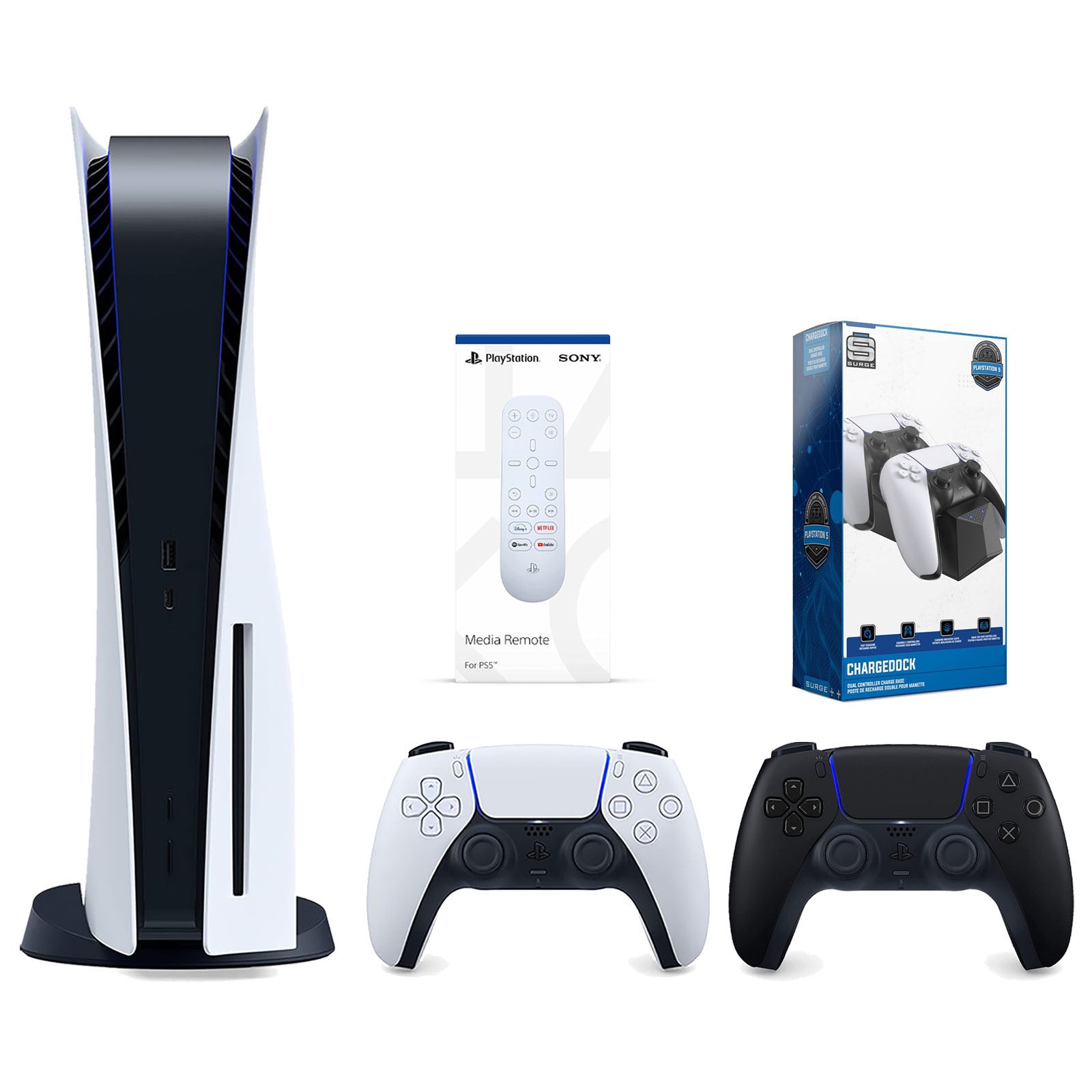 Sony Playstation 5 Disc Version Console with Extra Black Controller, Media Remote and Surge Dual Controller Charge Dock Bundle - Pro-Distributing
