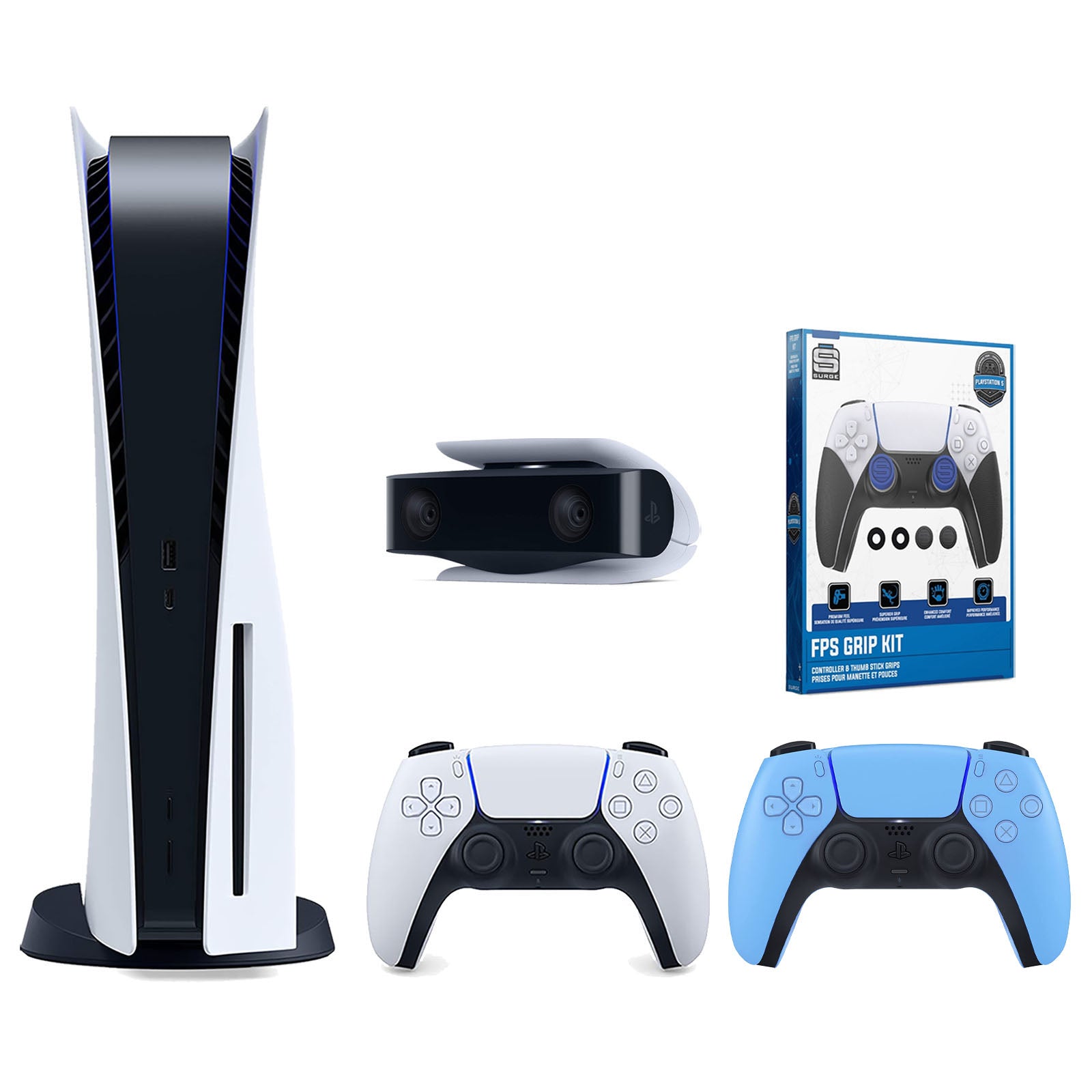 Sony Playstation 5 Disc Version Console with Extra Blue Controller, 1080p HD Camera and Surge FPS Grip Kit With Precision Aiming Rings Bundle - Pro-Distributing