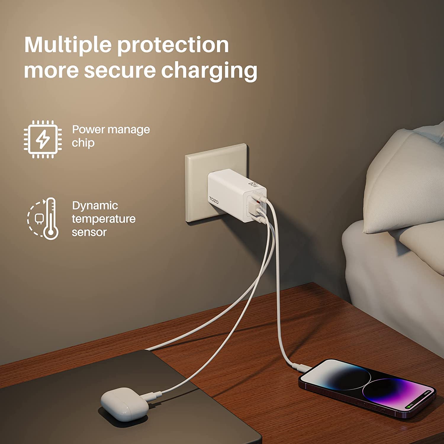 Tozo C2 65W USB-C 4 Port PD and QC Wall Charger Power Adapter - White - Pro-Distributing