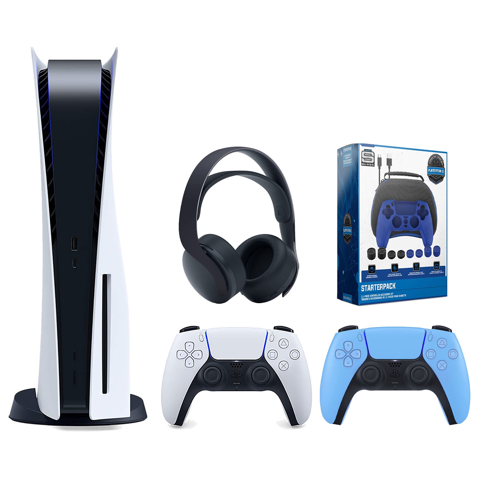 Sony Playstation 5 Disc Version Console with Extra Blue Controller, Black PULSE 3D Headset and Surge Pro Gamer Starter Pack 11-Piece Accessory Bundle - Pro-Distributing