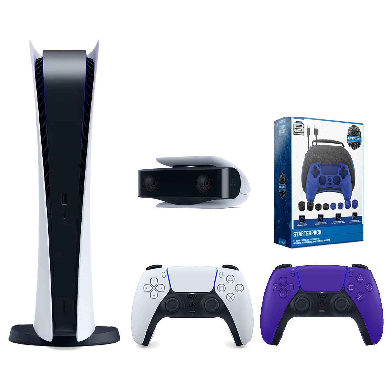Sony Playstation 5 Digital Edition Console with Extra Purple Controller, 1080p HD Camera and Surge Pro Gamer Starter Pack 11-Piece Accessory Bundle - Pro-Distributing