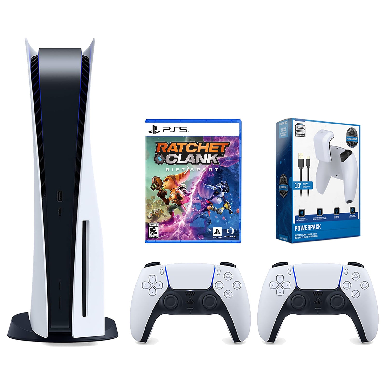 Sony Playstation 5 Disc Version Console with Extra White Controller, Surge PowerPack Battery Pack & Charge Cable and Ratchet & Clark: Rift Apart Bundle - Pro-Distributing