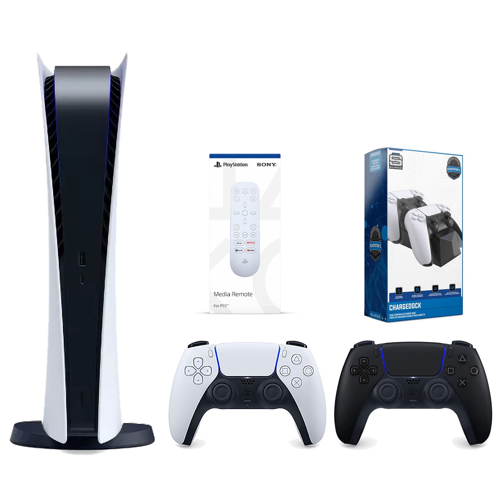 Sony Playstation 5 Digital Edition Console with Extra Black Controller, Media Remote and Surge Dual Controller Charge Dock Bundle - Pro-Distributing