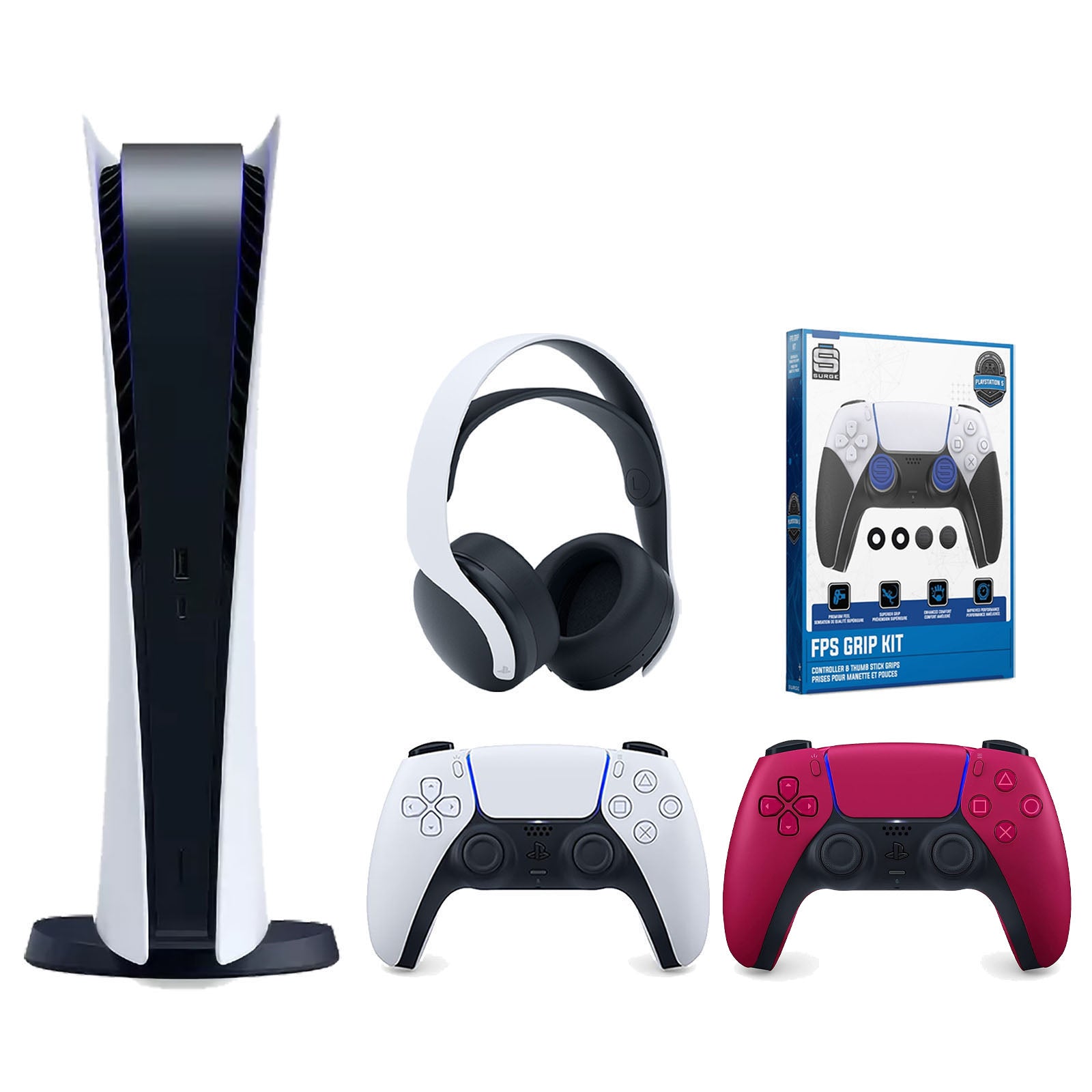 Sony Playstation 5 Digital Edition Console with Extra Red Controller, White PULSE 3D Headset and Surge FPS Grip Kit With Precision Aiming Rings Bundle - Pro-Distributing