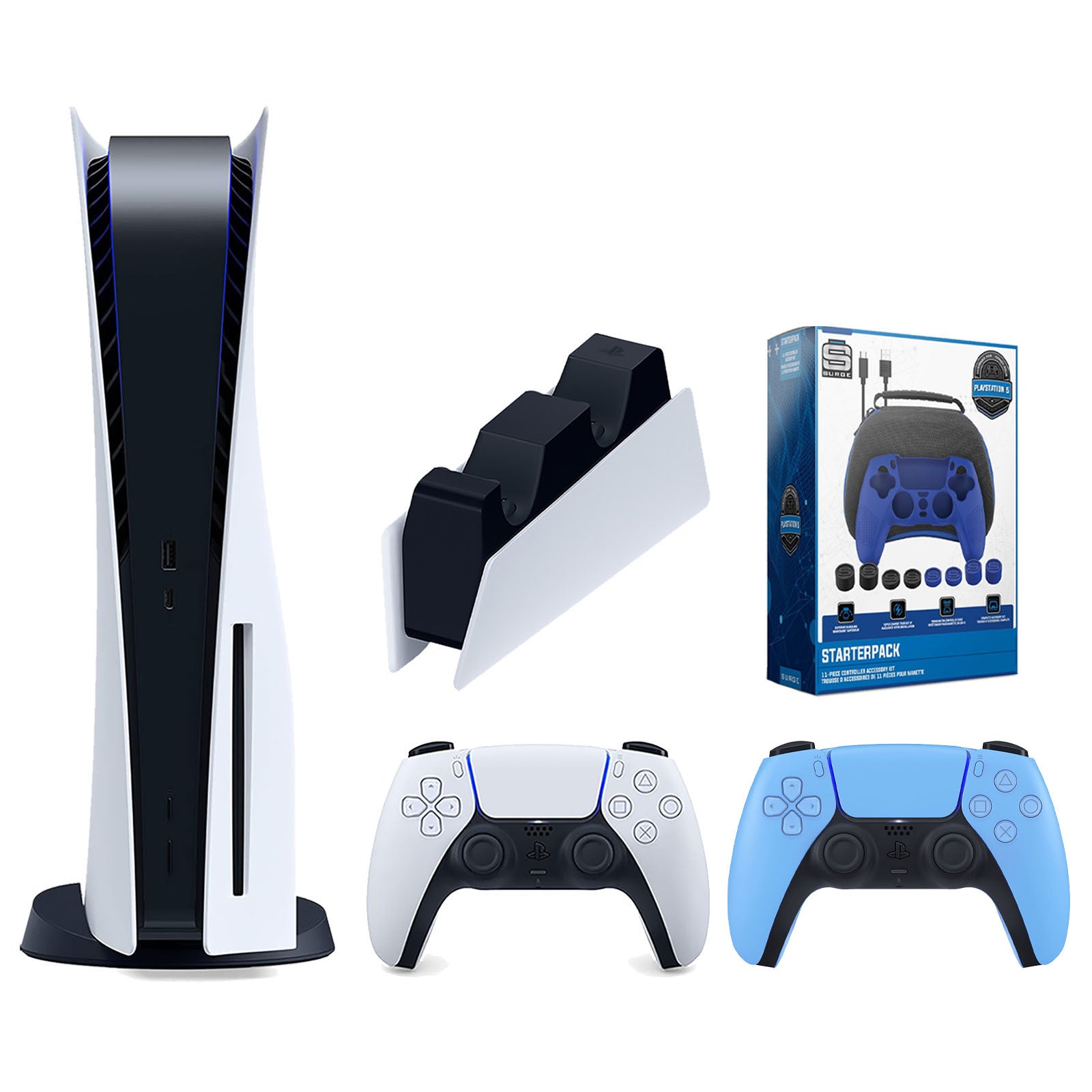 Sony Playstation 5 Disc Version Console with Extra Blue Controller, DualSense Charging Station and Surge Pro Gamer Starter Pack 11-Piece Accessory Bundle - Pro-Distributing