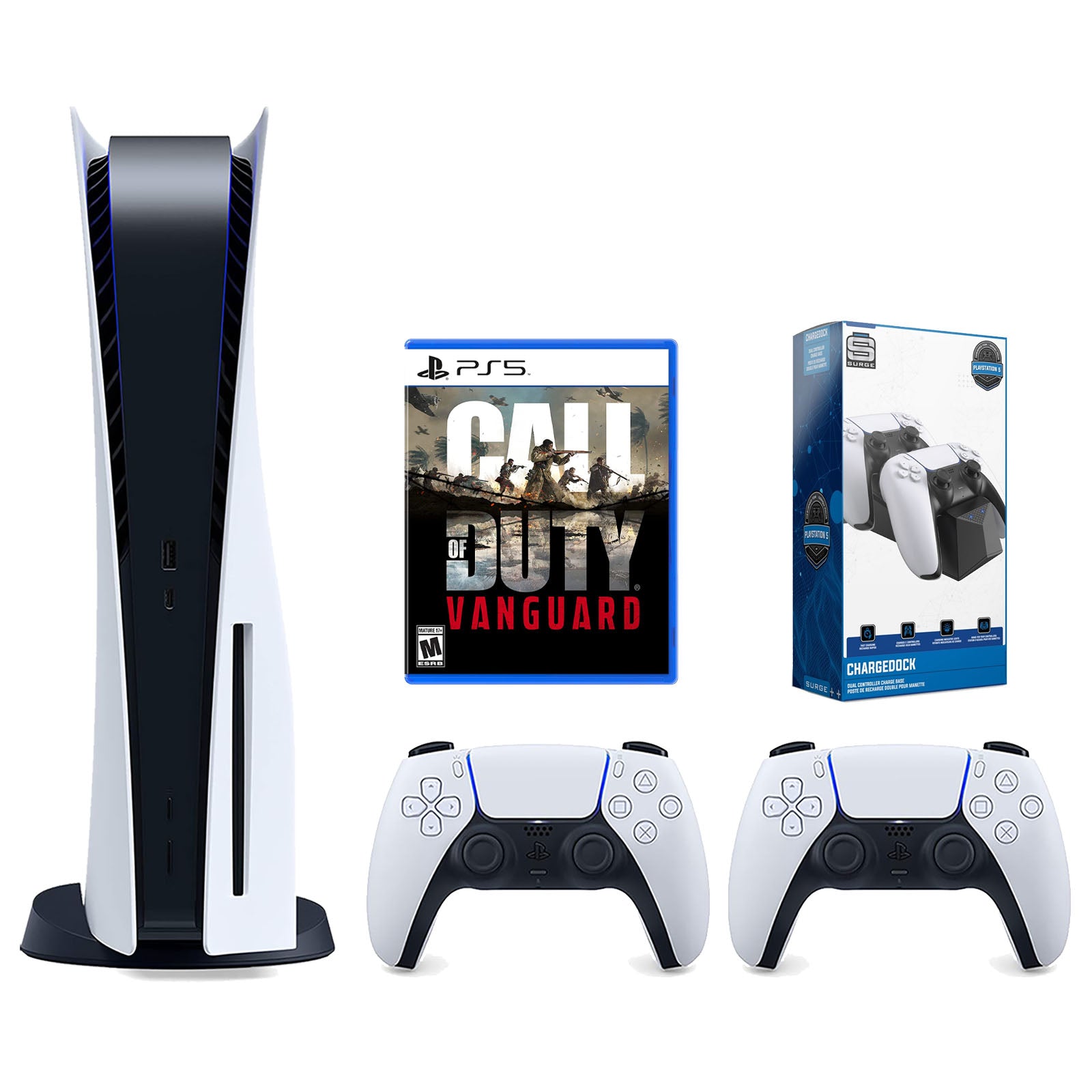 Sony Playstation 5 Disc Version Console with Extra White Controller, Surge Dual Controller Charge Dock and Call of Duty: Vanguard Bundle - Pro-Distributing