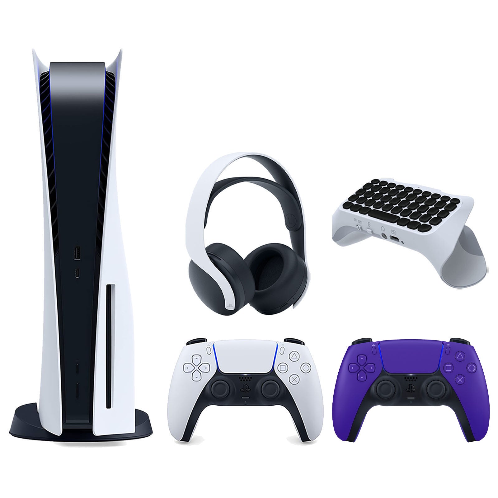 Sony Playstation 5 Disc Version Console with Extra Purple Controller, White PULSE 3D Headset and Surge QuickType 2.0 Wireless PS5 Controller Keypad Bundle - Pro-Distributing