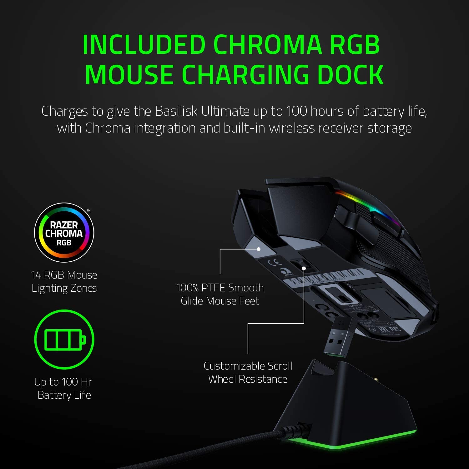 Razer Basilisk Ultimate Wireless Optical Gaming Mouse with HyperSpeed Technology and Charging Dock - Black RZ01-03170100-R3U1 - Pro-Distributing