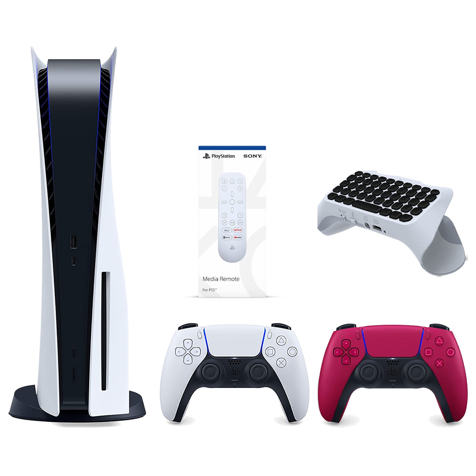 Sony Playstation 5 Disc Version Console with Extra Red Controller, Media Remote and Surge QuickType 2.0 Wireless PS5 Controller Keypad Bundle - Pro-Distributing