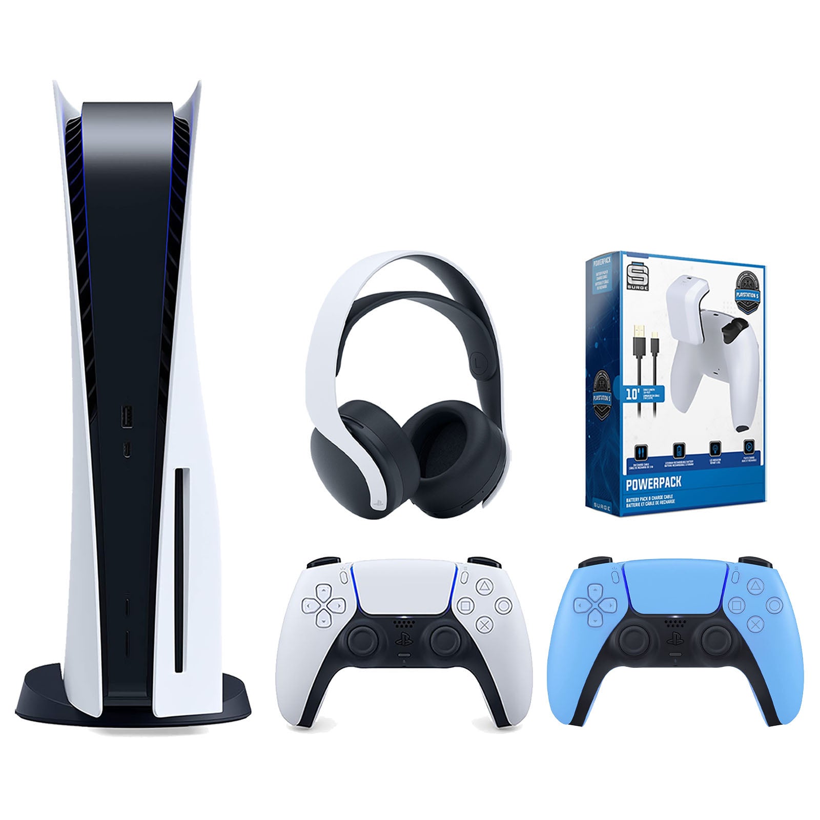 Sony Playstation 5 Disc Version Console with Extra Blue Controller, White PULSE 3D Headset and Surge PowerPack Battery Pack & Charge Cable Bundle - Pro-Distributing