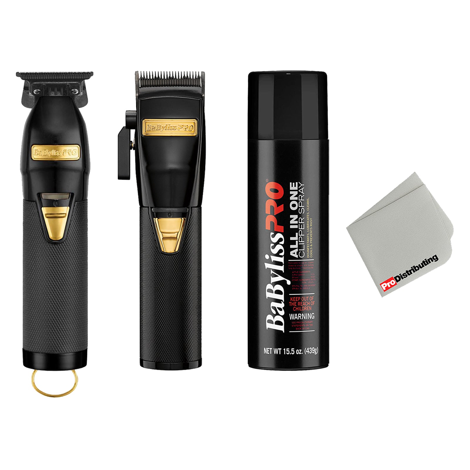 BabylissPRO Black Gold FX Exposed T-Blade Cordless Hair Trimmer and Adjustable Clipper Bundle with Barberology Cleaning Spray and Cleaning Cloth - Pro-Distributing