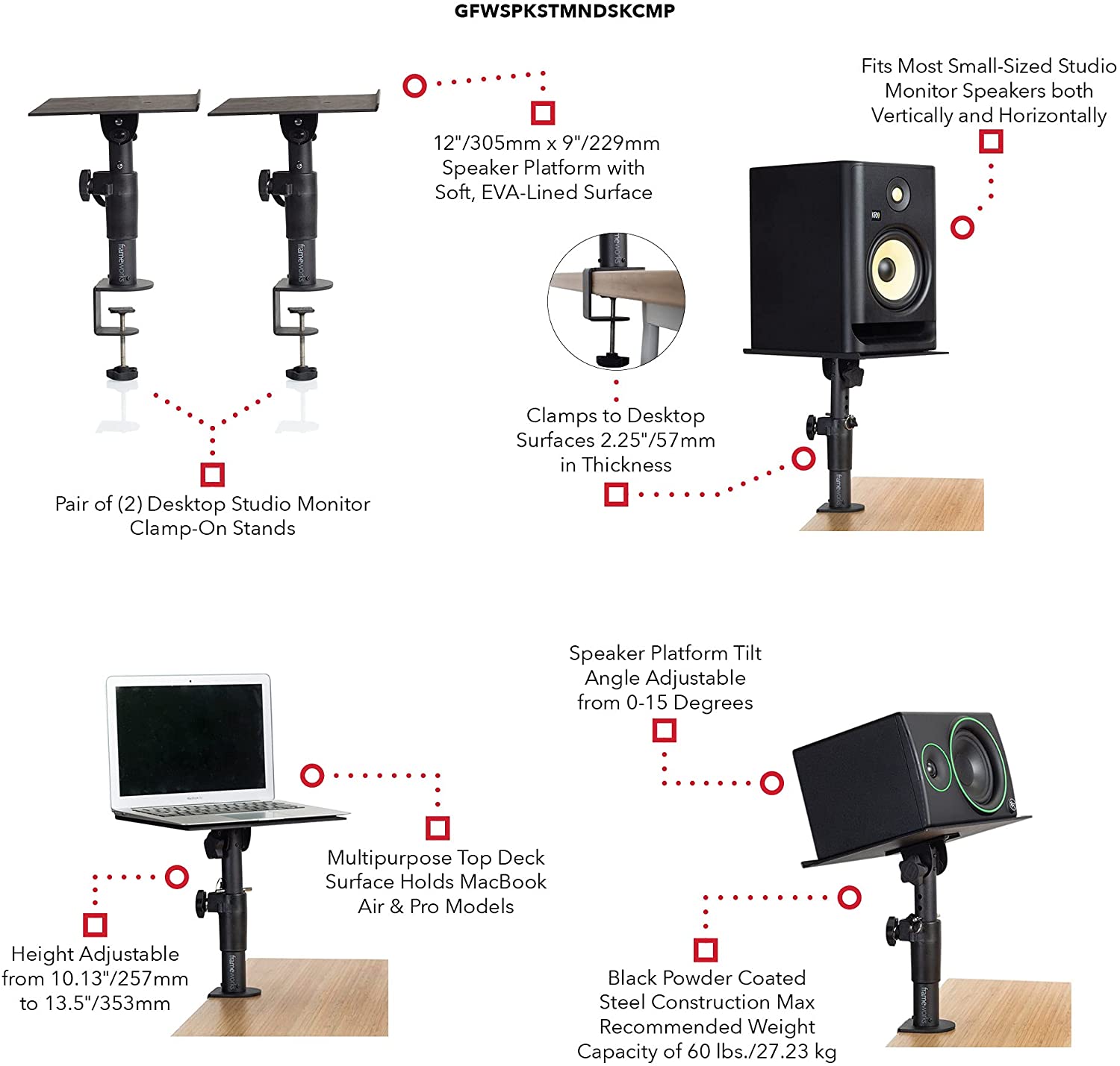 2 Pack Gator Frameworks Desktop Clamp-On Studio Monitor and Speaker Stand GFWSPKSTMNDSKCMP - Pro-Distributing