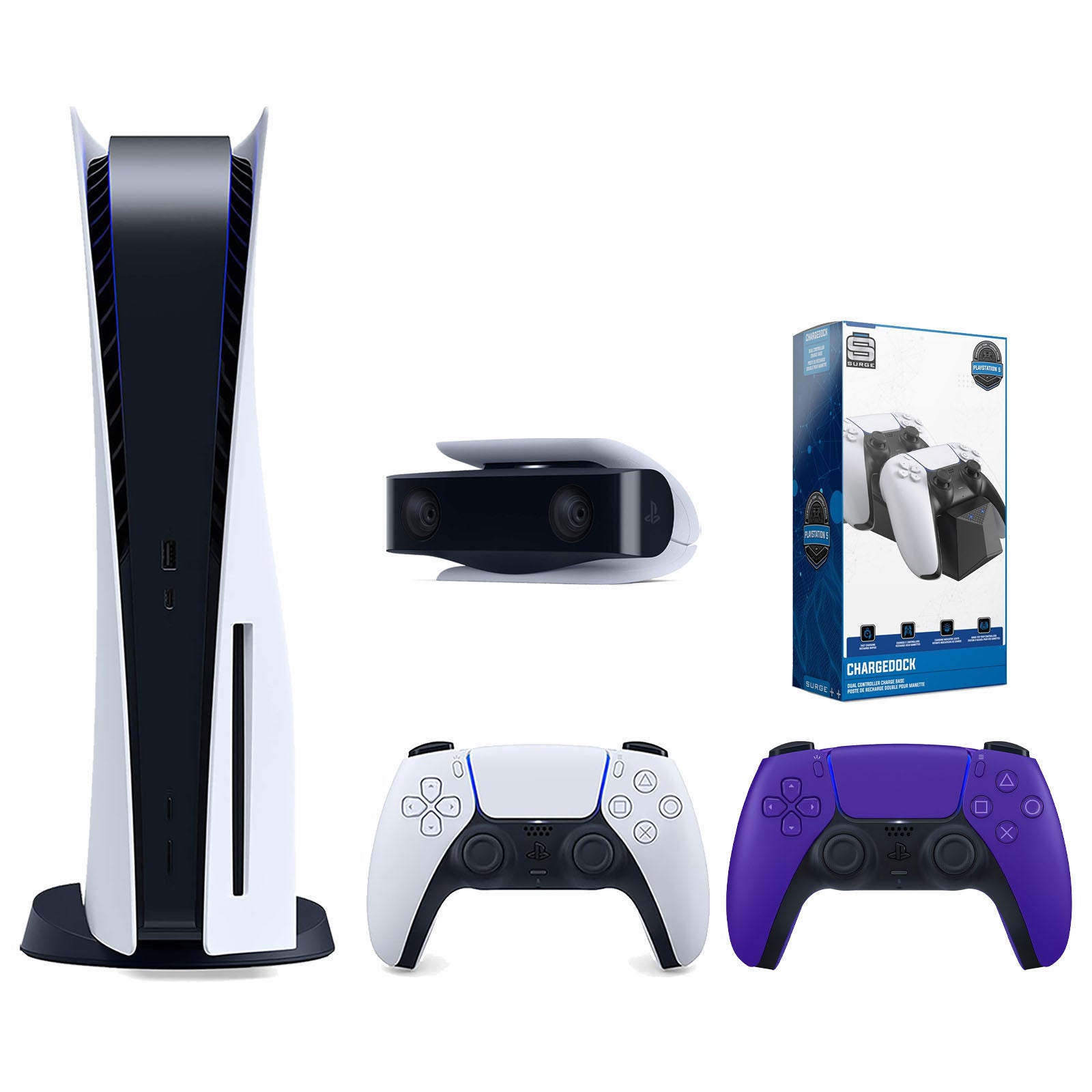 Sony Playstation 5 Disc Version Console with Extra Purple Controller, 1080p HD Camera and Surge Dual Controller Charge Dock Bundle - Pro-Distributing