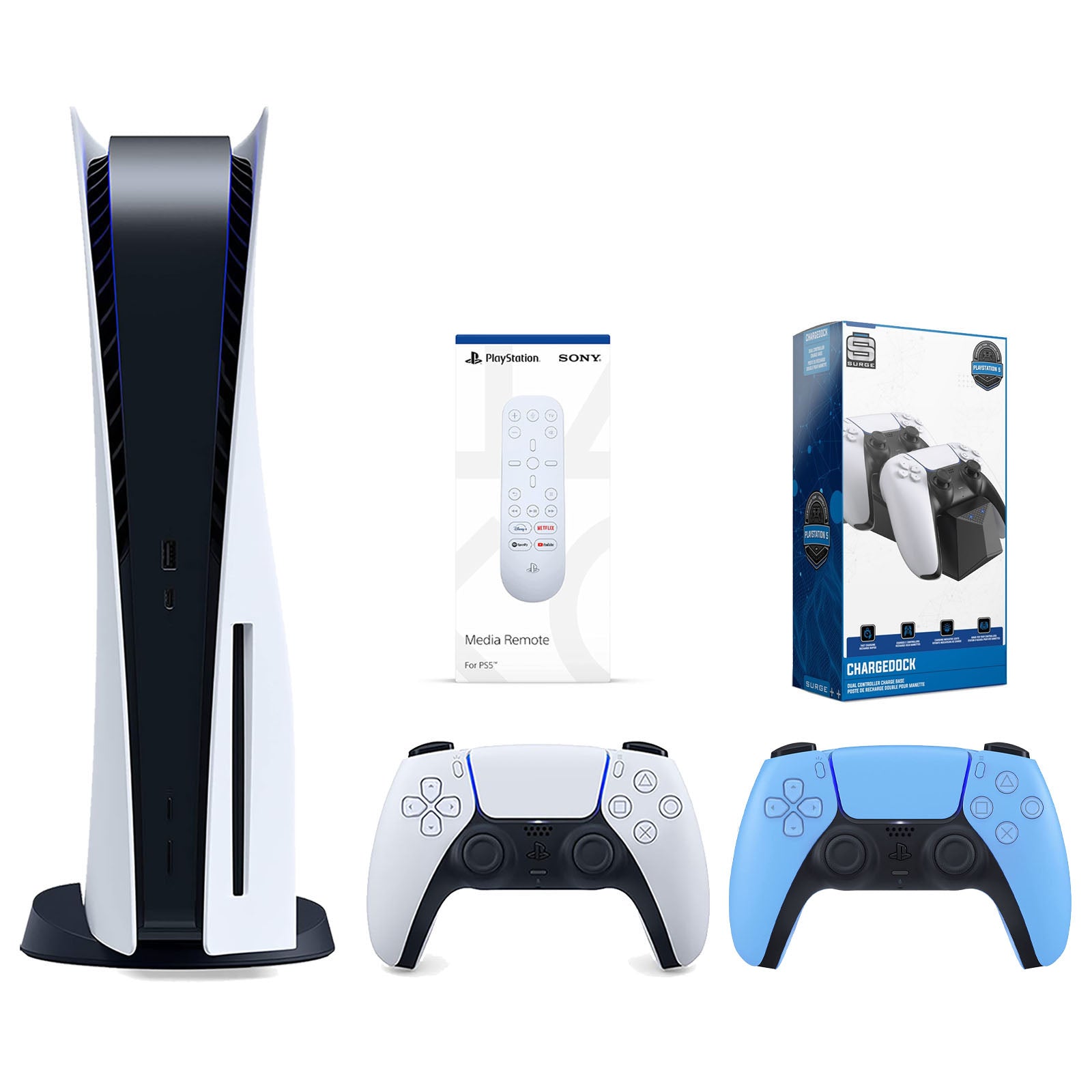 Sony Playstation 5 Disc Version Console with Extra Blue Controller, Media Remote and Surge Dual Controller Charge Dock Bundle - Pro-Distributing