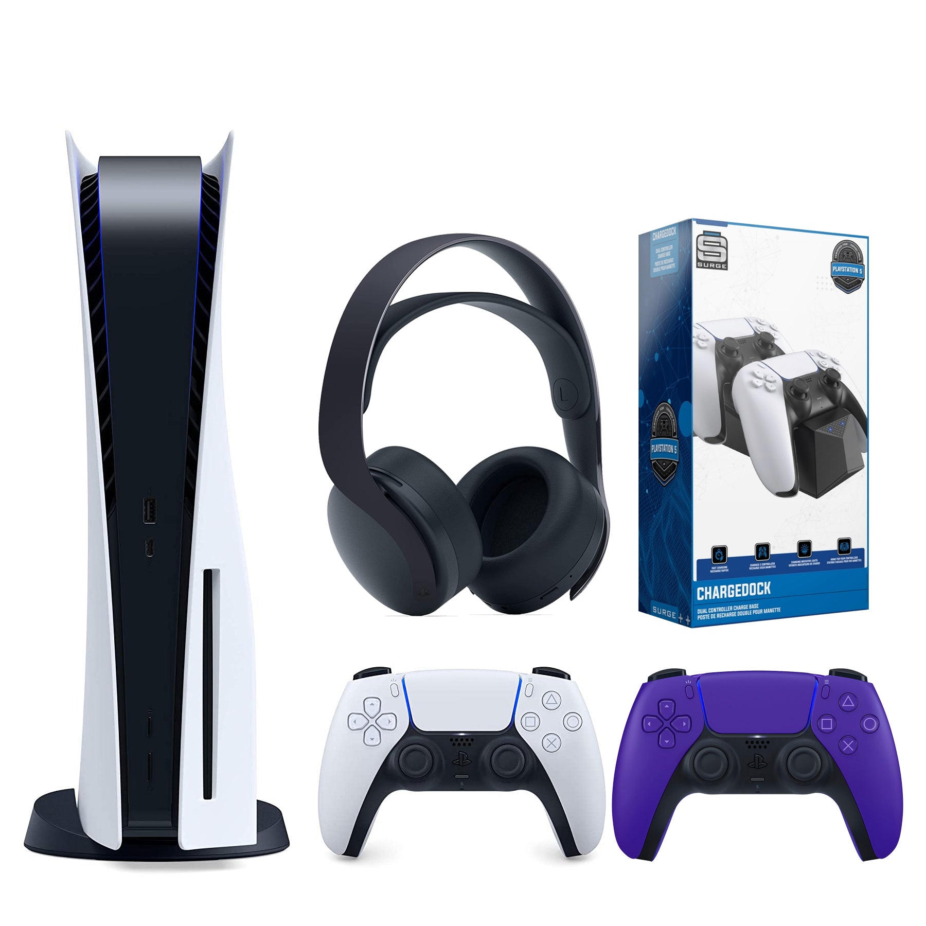 Sony Playstation 5 Disc Version (Sony PS5 Disc) with Extra Galactic Purple Controller, Black PULSE 3D Headset and Dual Charging Station Bundle - Pro-Distributing
