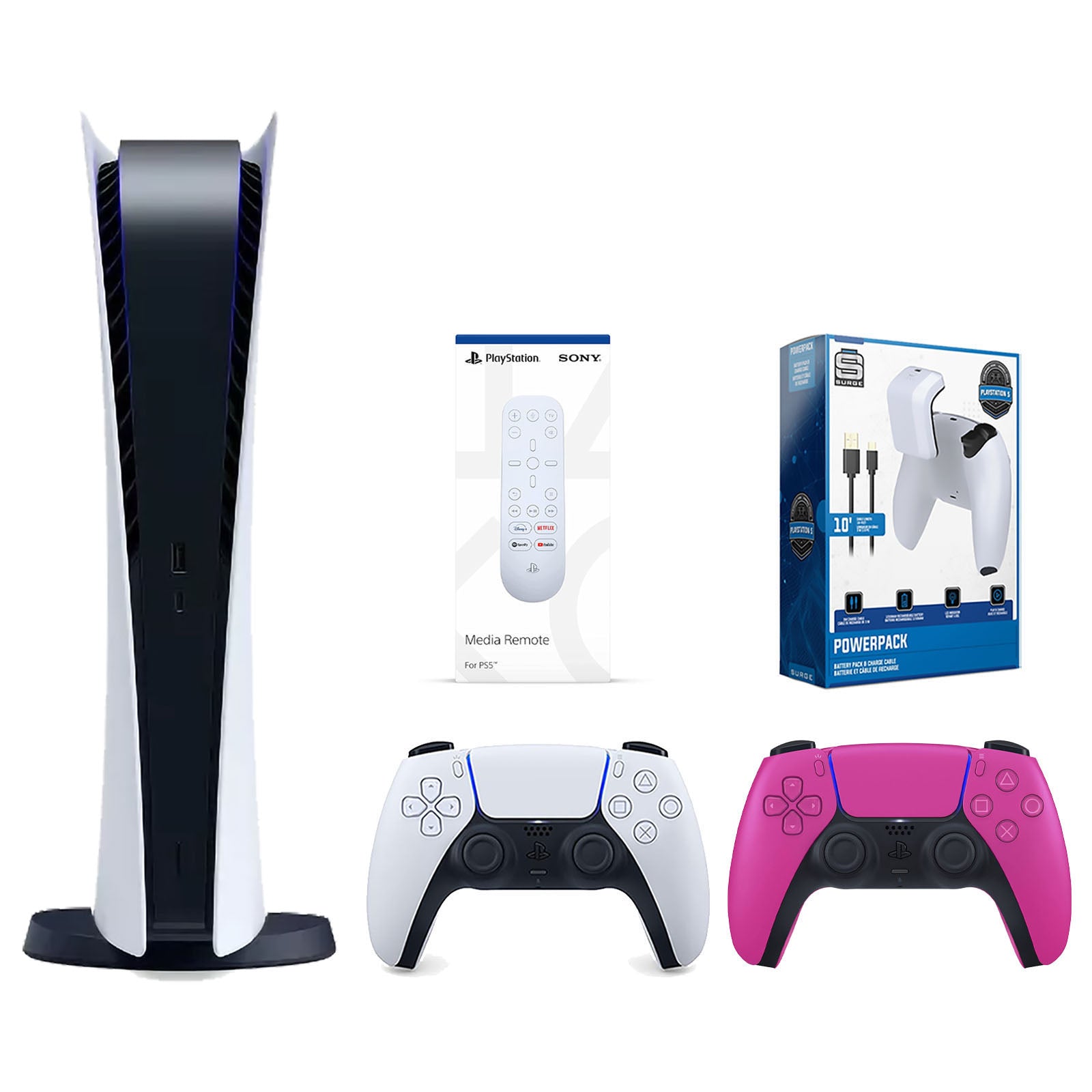 Sony Playstation 5 Digital Edition Console with Extra Pink Controller, Media Remote and Surge PowerPack Battery Pack & Charge Cable Bundle - Pro-Distributing
