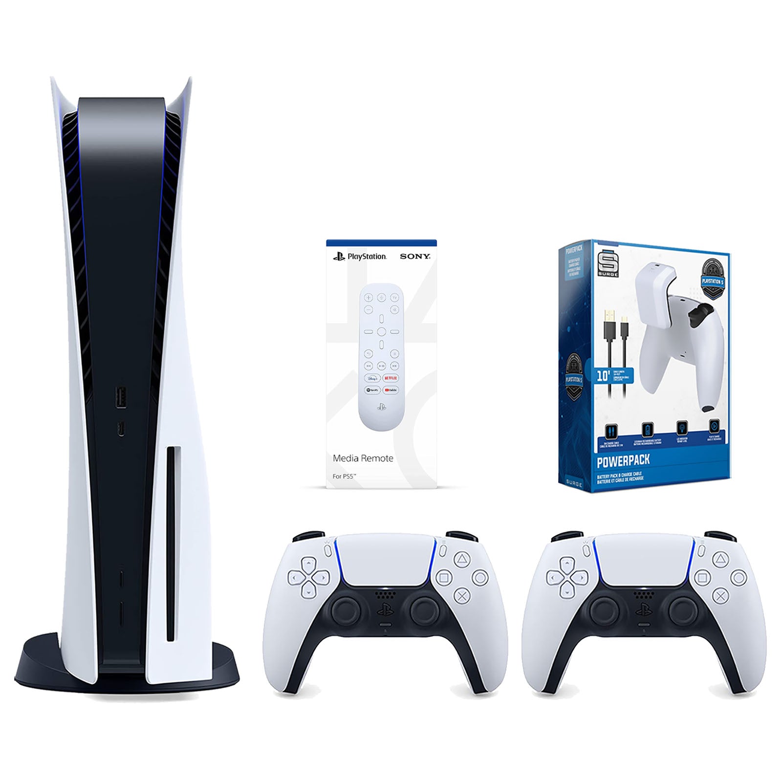 Sony Playstation 5 Disc Version Console with Extra White Controller, Media Remote and Surge PowerPack Battery Pack & Charge Cable Bundle - Pro-Distributing