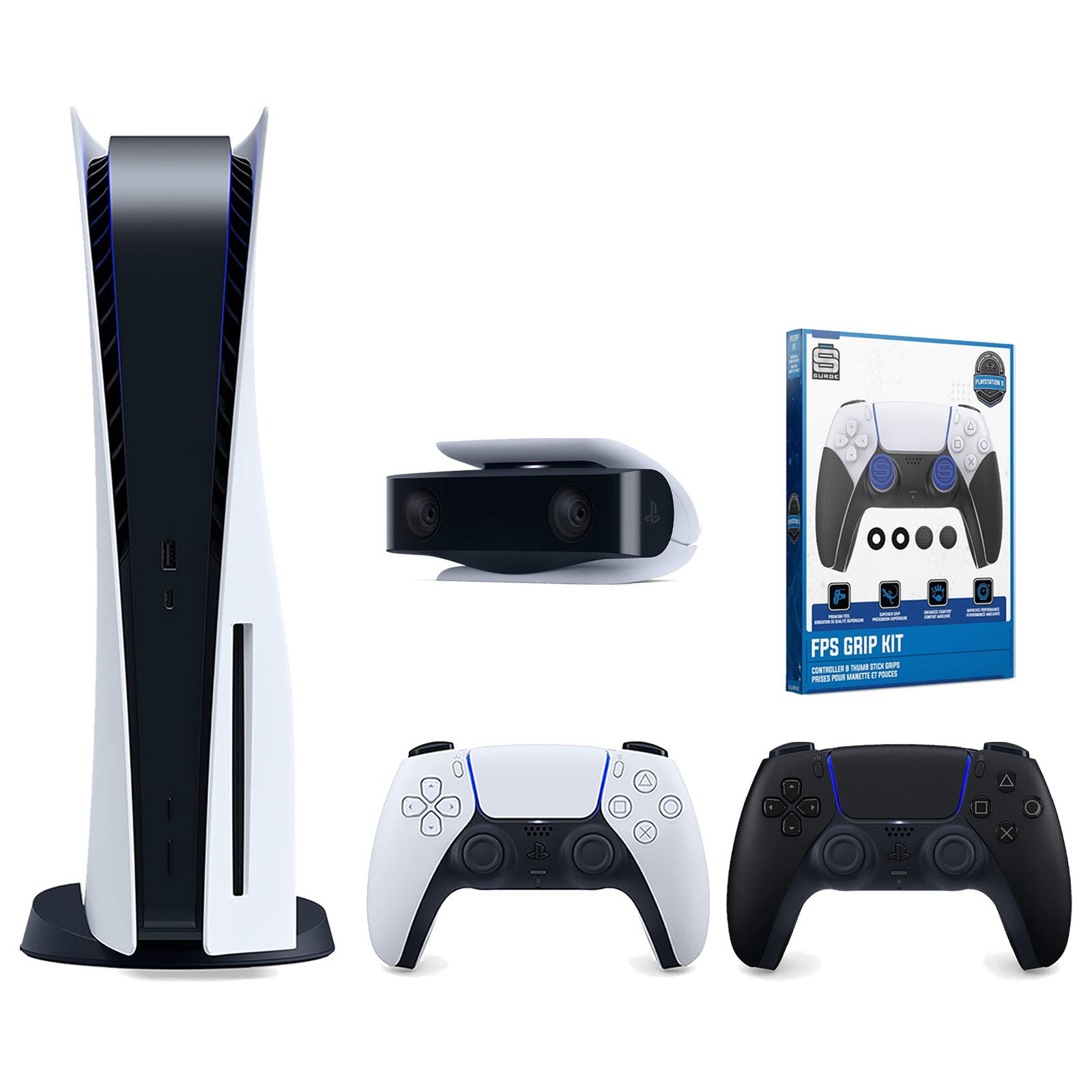 Sony Playstation 5 Disc Version Console with Extra Black Controller, 1080p HD Camera and Surge FPS Grip Kit With Precision Aiming Rings Bundle - Pro-Distributing