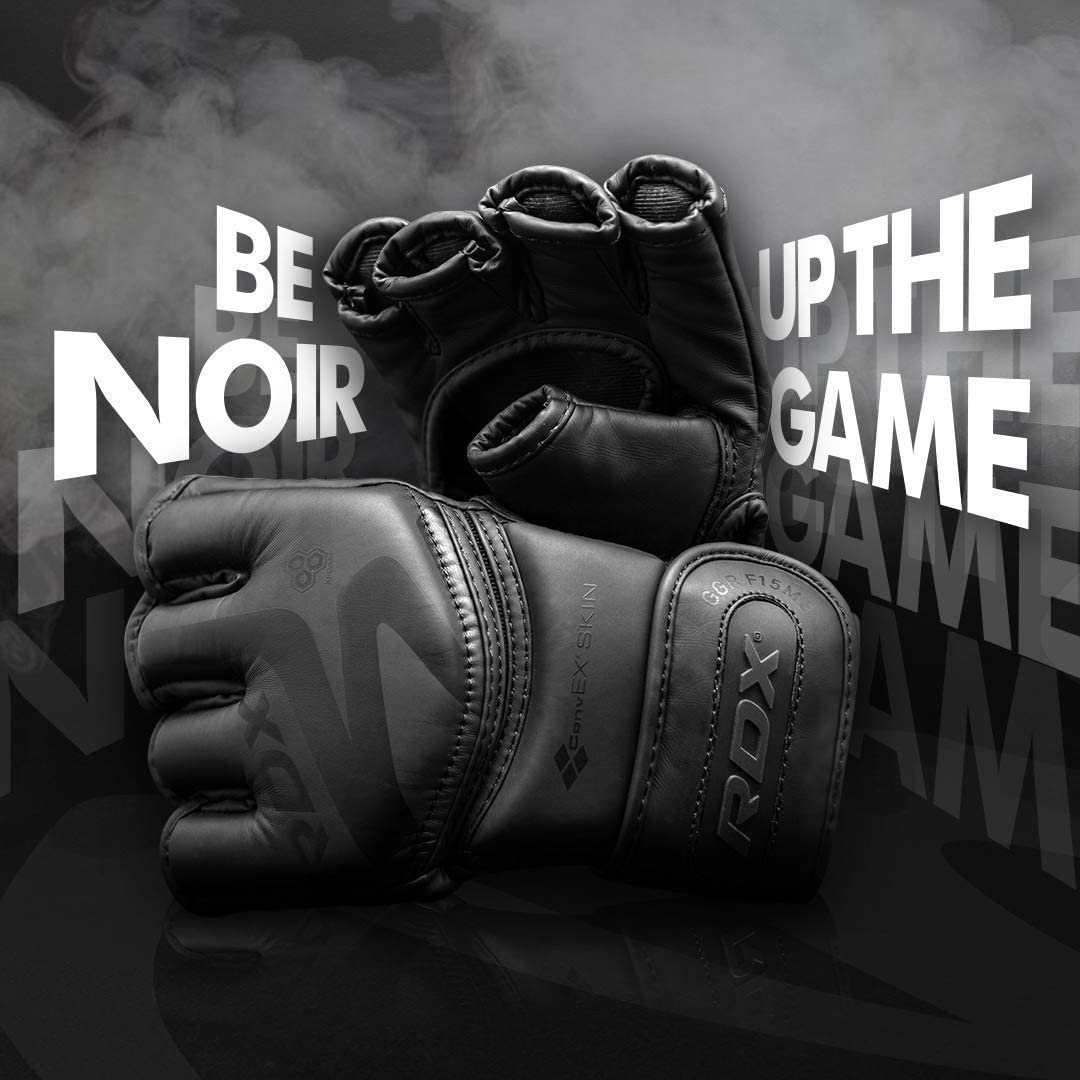 RDX F15 MMA Grappling Gloves Padded Leather Training Sparring Mitts - Matte Black - Extra Large - Pro-Distributing