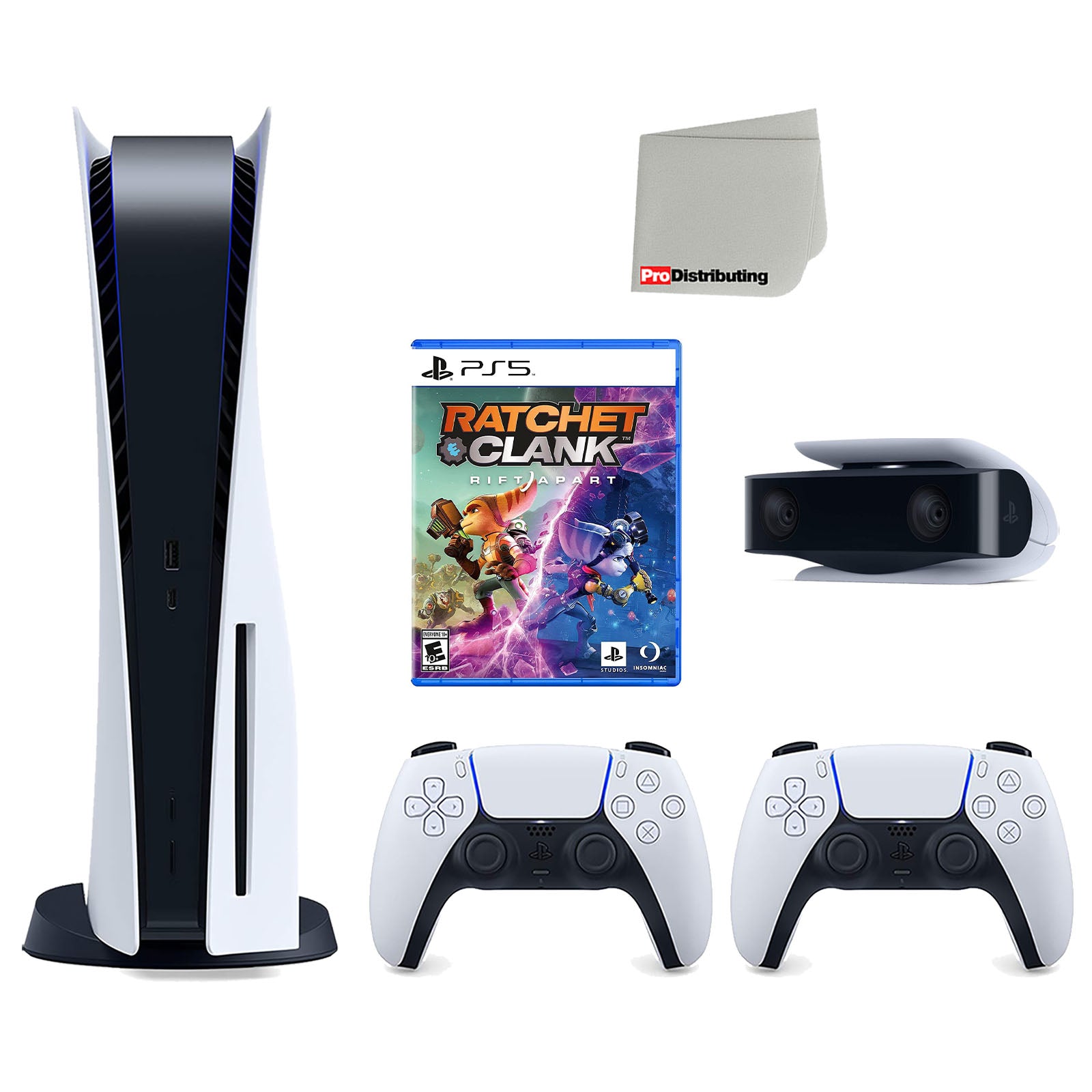 Sony Playstation 5 Disc Version Console with Extra White Controller, 1080p HD Camera and Ratchet & Clark: Rift Apart Bundle with Cleaning Cloth - Pro-Distributing