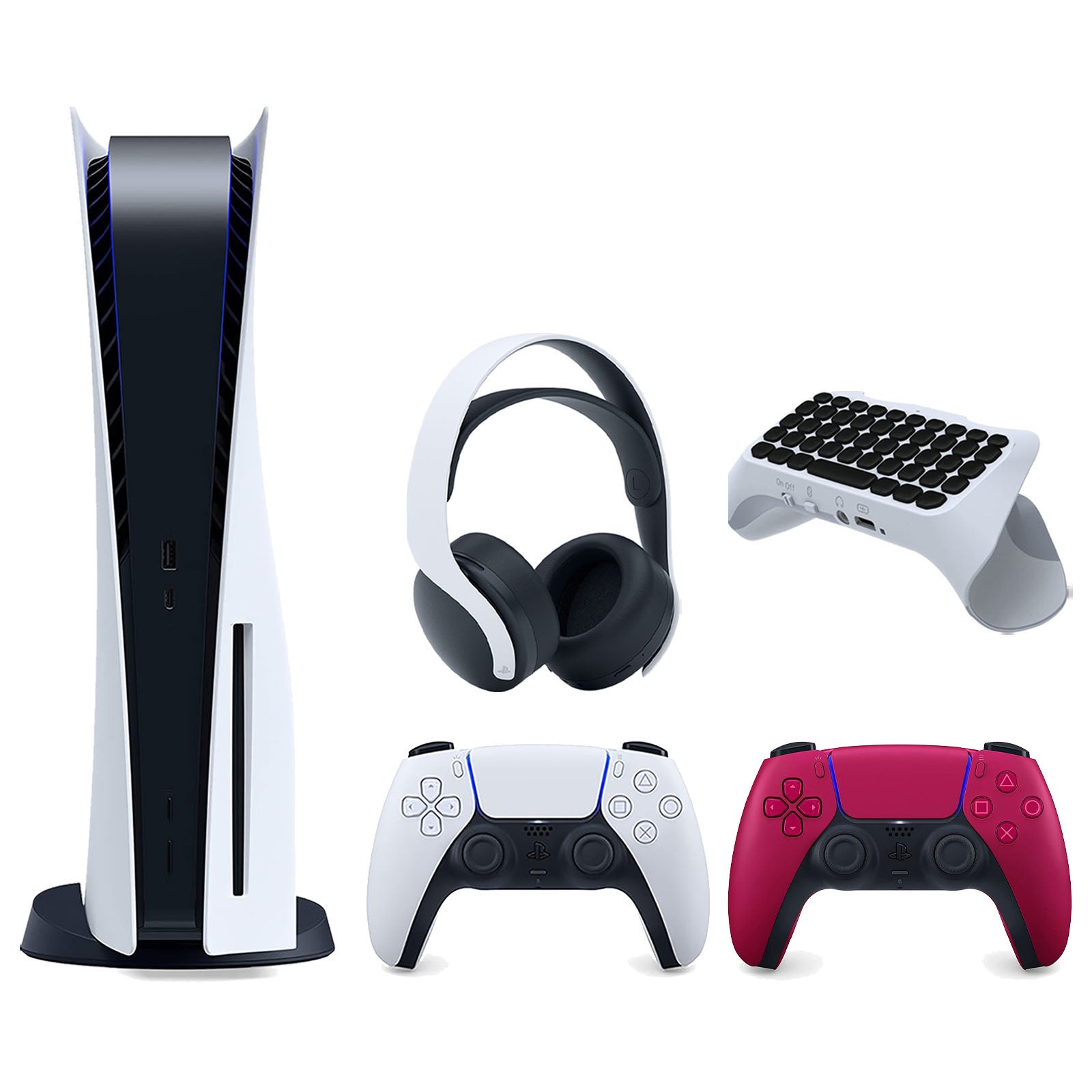 Sony Playstation 5 Disc Version Console with Extra Red Controller, White PULSE 3D Headset and Surge QuickType 2.0 Wireless PS5 Controller Keypad Bundle - Pro-Distributing