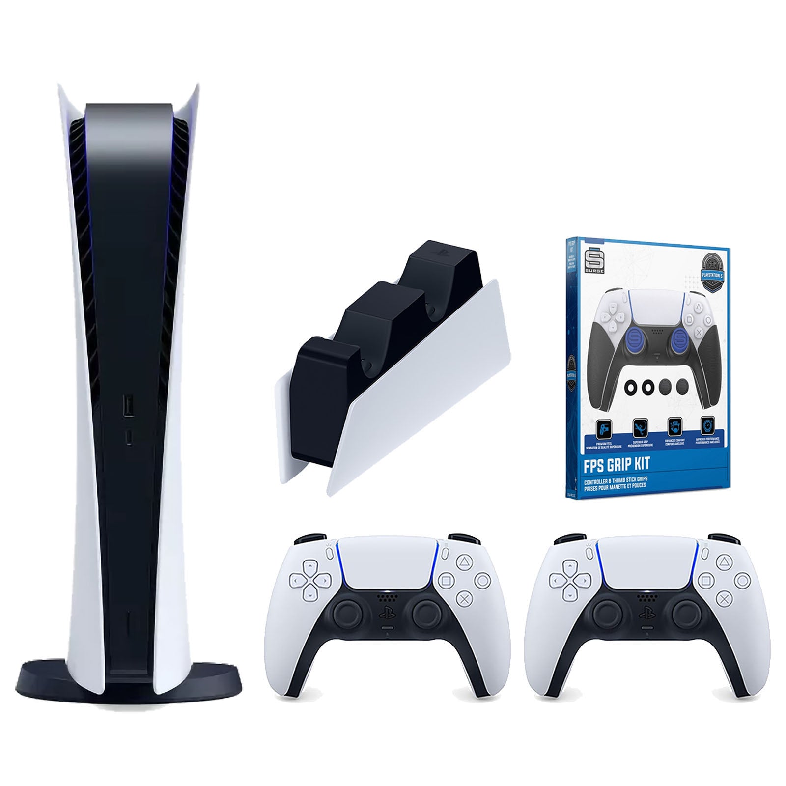 Sony Playstation 5 Digital Edition Console with Extra White Controller, DualSense Charging Station and Surge FPS Grip Kit With Precision Aiming Rings Bundle - Pro-Distributing