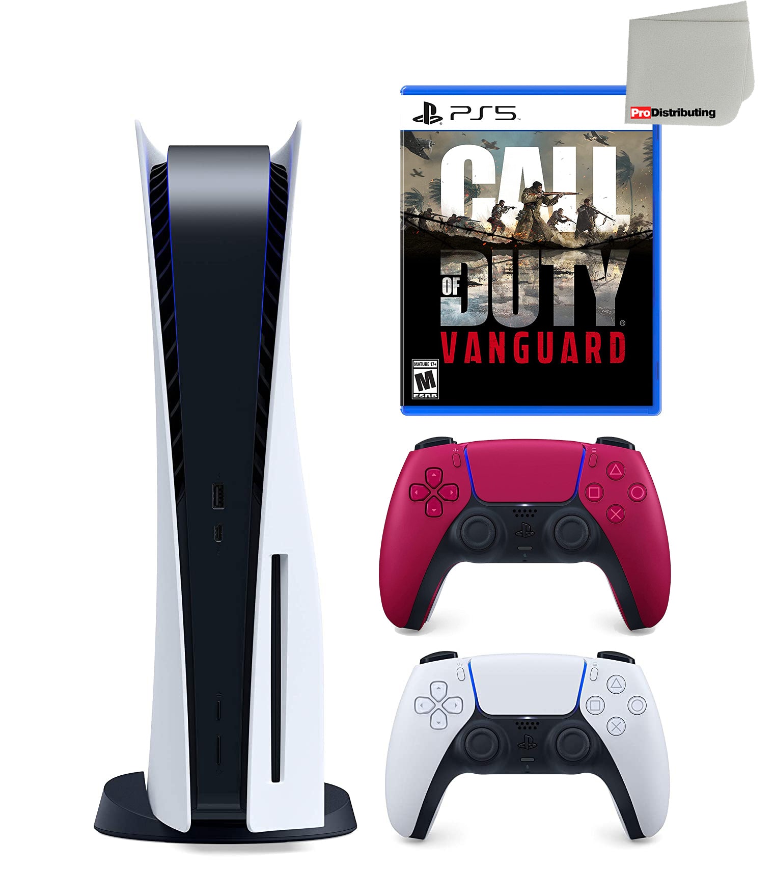 Sony Playstation 5 Disc Version (Sony PS5 Disc) with Cosmic Red Extra Controller, Call of Duty: Vanguard and Microfiber Cleaning Cloth Bundle - Pro-Distributing