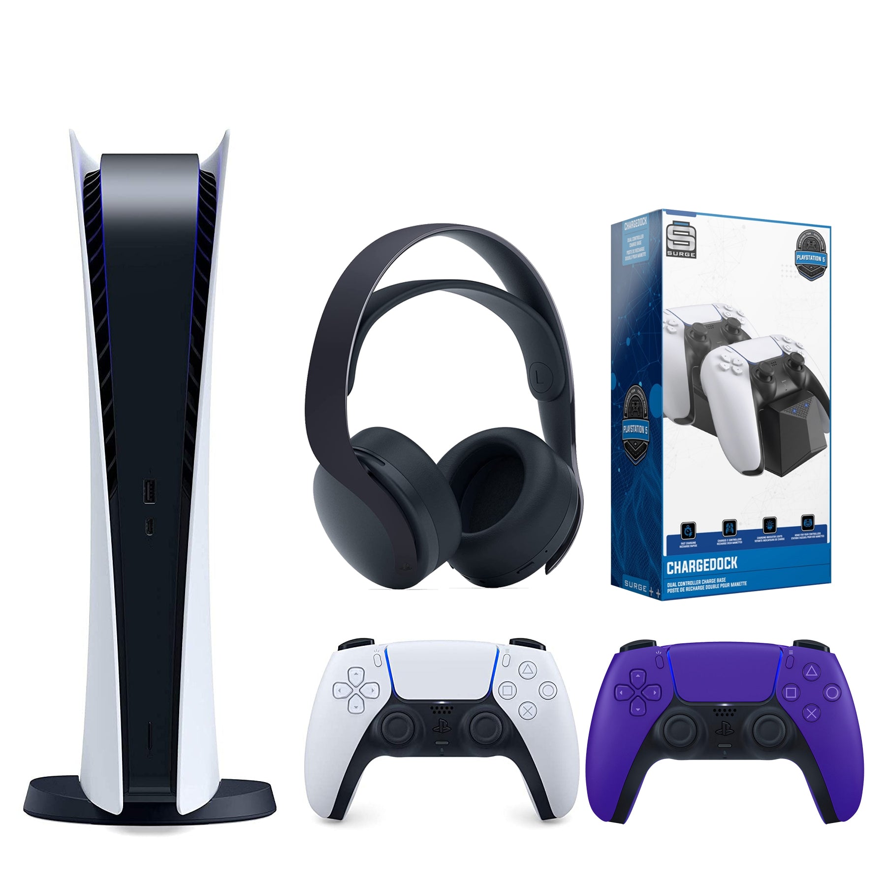 Sony Playstation 5 Digital Version (Sony PS5 Digital) with Extra Galactic Purple Controller, Black Pulse 3D Headset and Dual Charging Station Bundle - Pro-Distributing