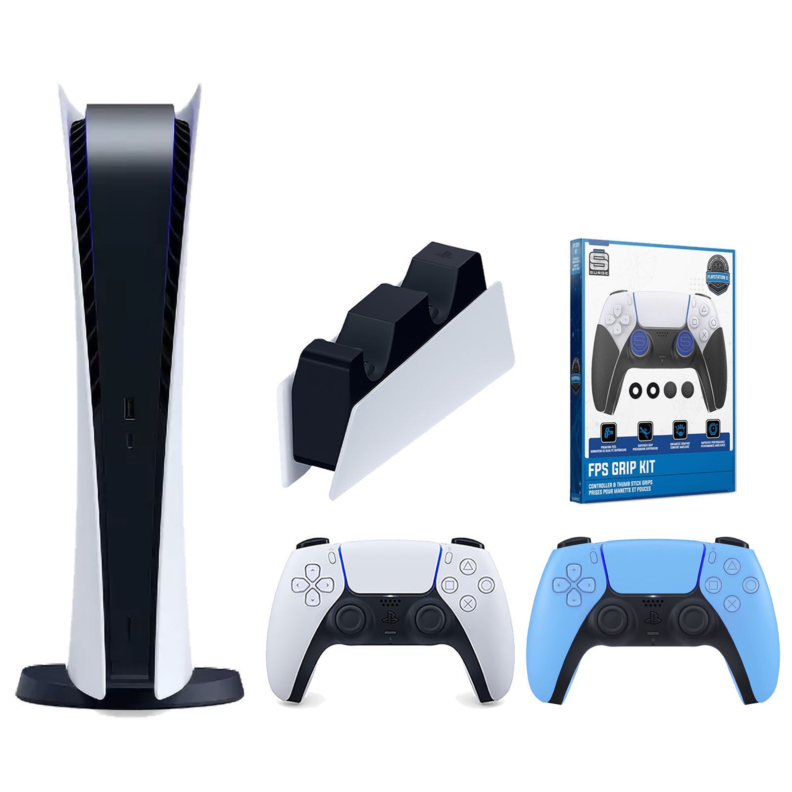 Sony Playstation 5 Digital Edition Console with Extra Blue Controller, DualSense Charging Station and Surge FPS Grip Kit With Precision Aiming Rings Bundle - Pro-Distributing