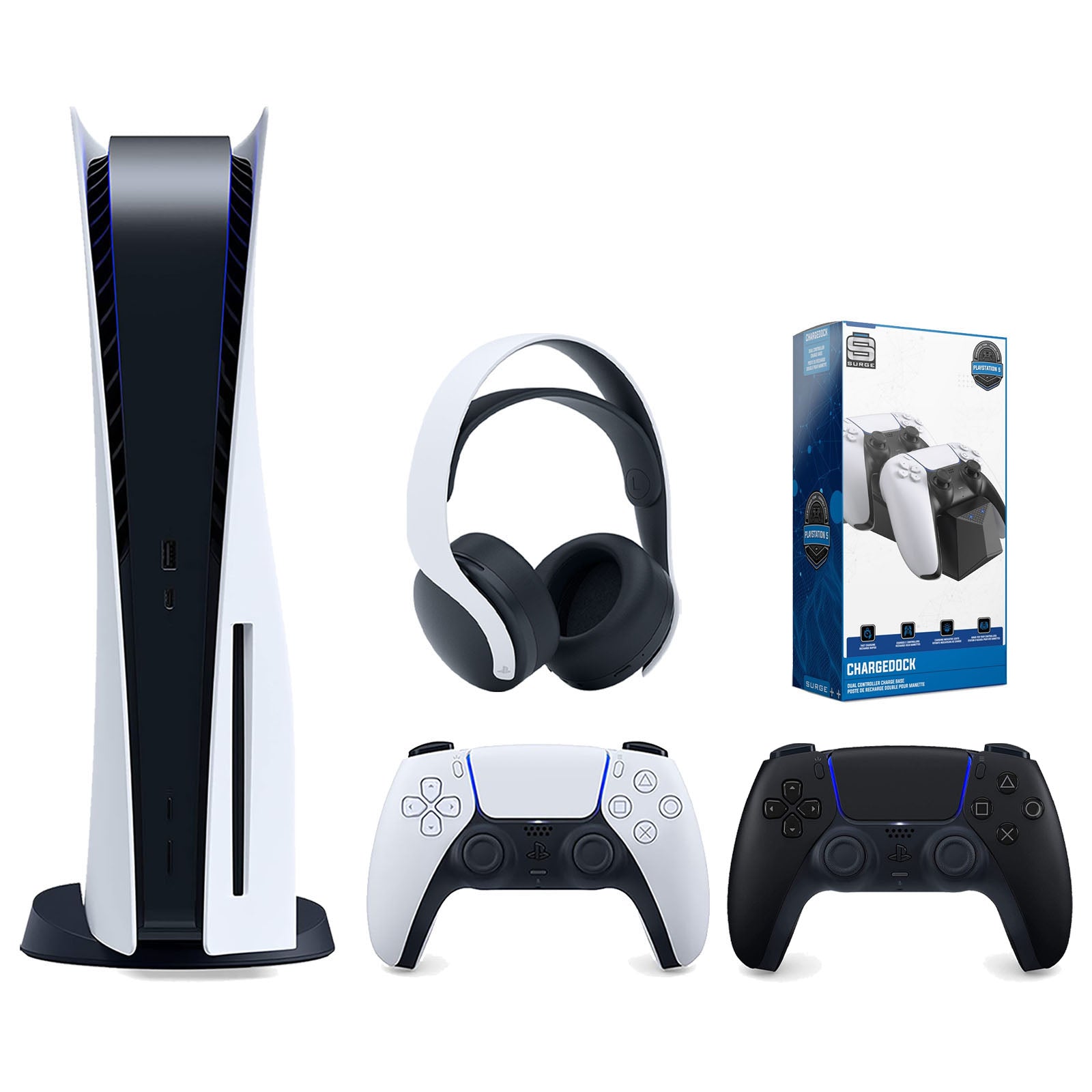 Sony Playstation 5 Disc Version Console with Extra Black Controller, White PULSE 3D Headset and Surge Dual Controller Charge Dock Bundle - Pro-Distributing