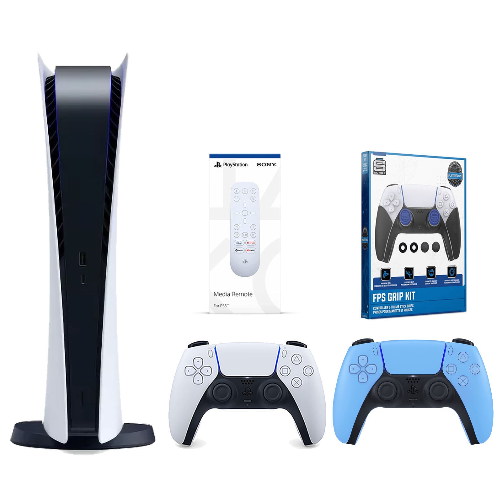 Sony Playstation 5 Digital Edition Console with Extra Blue Controller, Media Remote and Surge FPS Grip Kit With Precision Aiming Rings Bundle - Pro-Distributing
