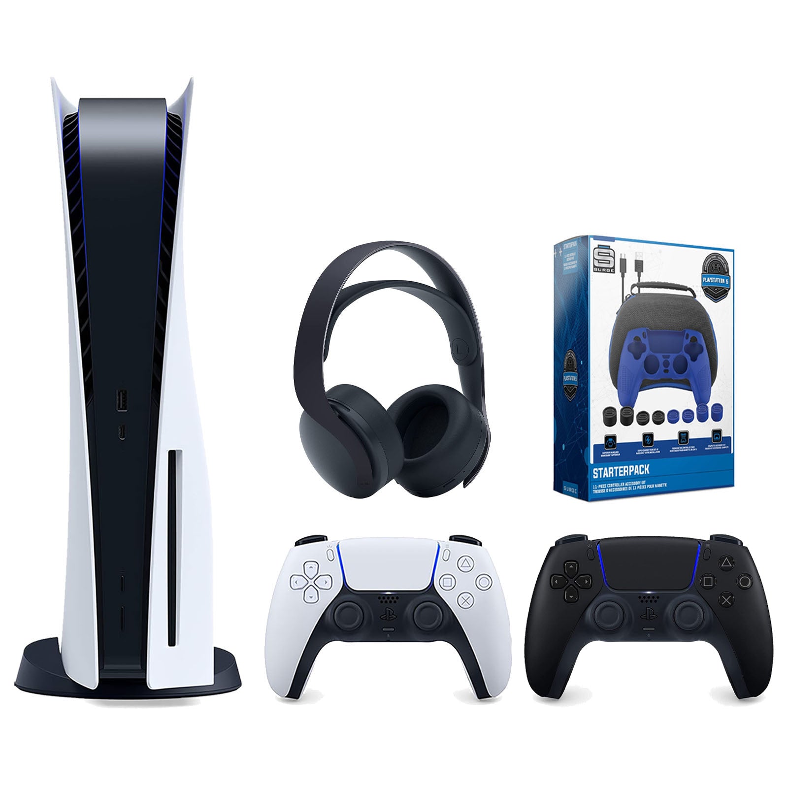Sony Playstation 5 Disc Version Console with Extra Black Controller, Black PULSE 3D Headset and Surge Pro Gamer Starter Pack 11-Piece Accessory Bundle - Pro-Distributing