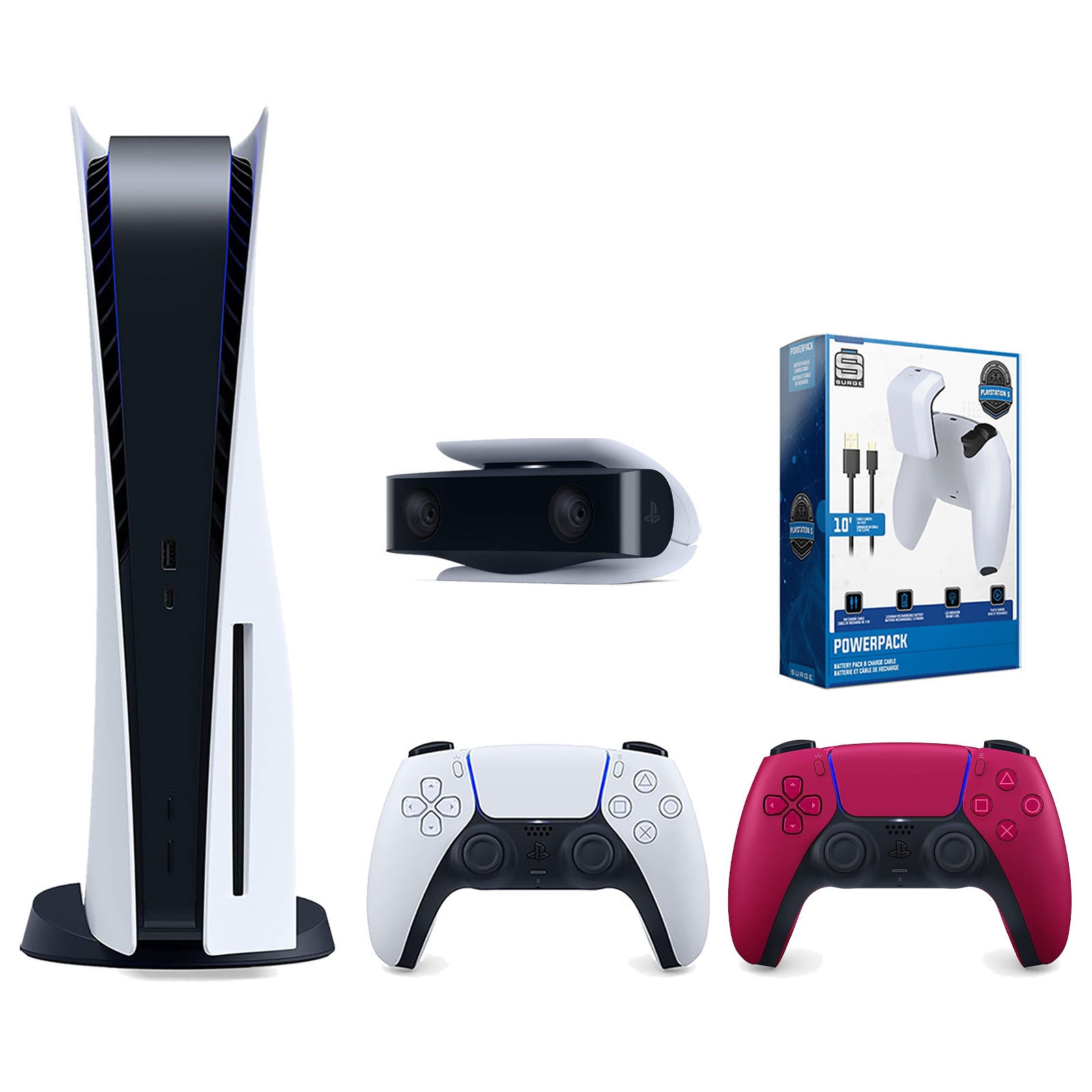 Sony Playstation 5 Disc Version Console with Extra Red Controller, 1080p HD Camera and Surge PowerPack Battery Pack & Charge Cable Bundle - Pro-Distributing