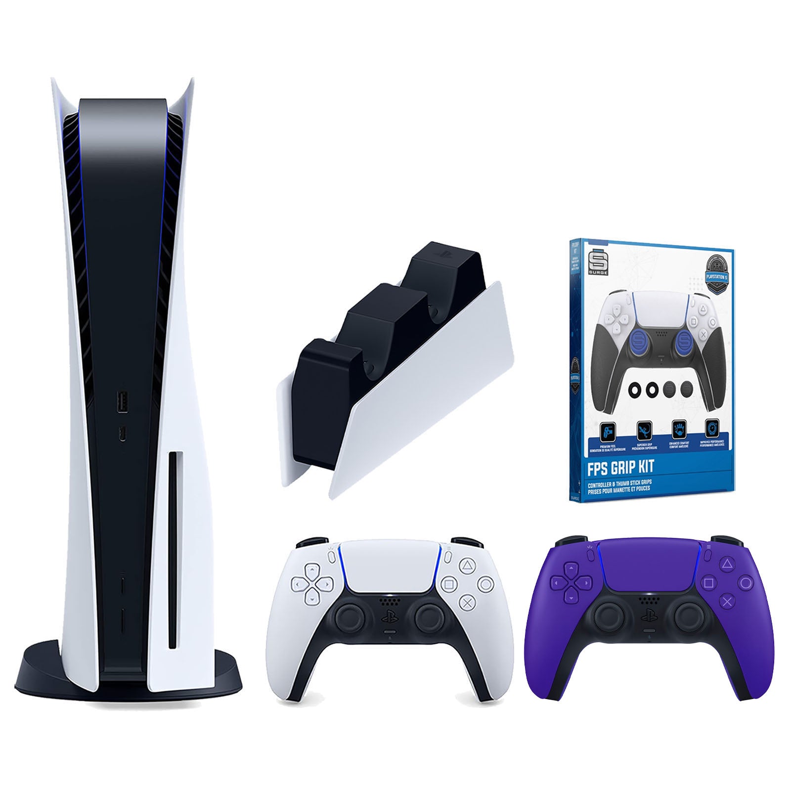 Sony Playstation 5 Disc Version Console with Extra Purple Controller, DualSense Charging Station and Surge FPS Grip Kit With Precision Aiming Rings Bundle - Pro-Distributing
