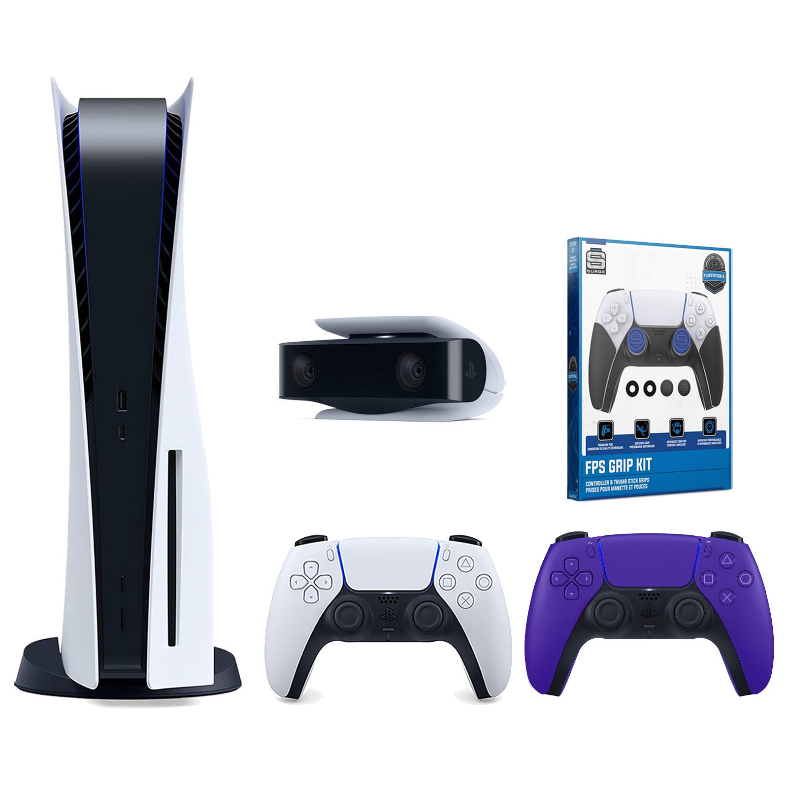 Sony Playstation 5 Disc Version Console with Extra Purple Controller, 1080p HD Camera and Surge FPS Grip Kit With Precision Aiming Rings Bundle - Pro-Distributing