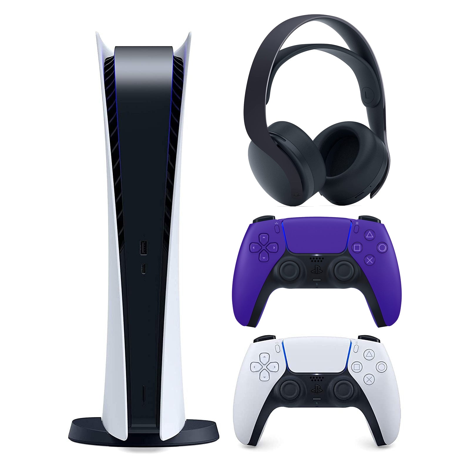 Sony Playstation 5 Digital Version (Sony PS5 Digital) with Extra Galactic Purple Controller and Black PULSE 3D Headset Bundle - Pro-Distributing