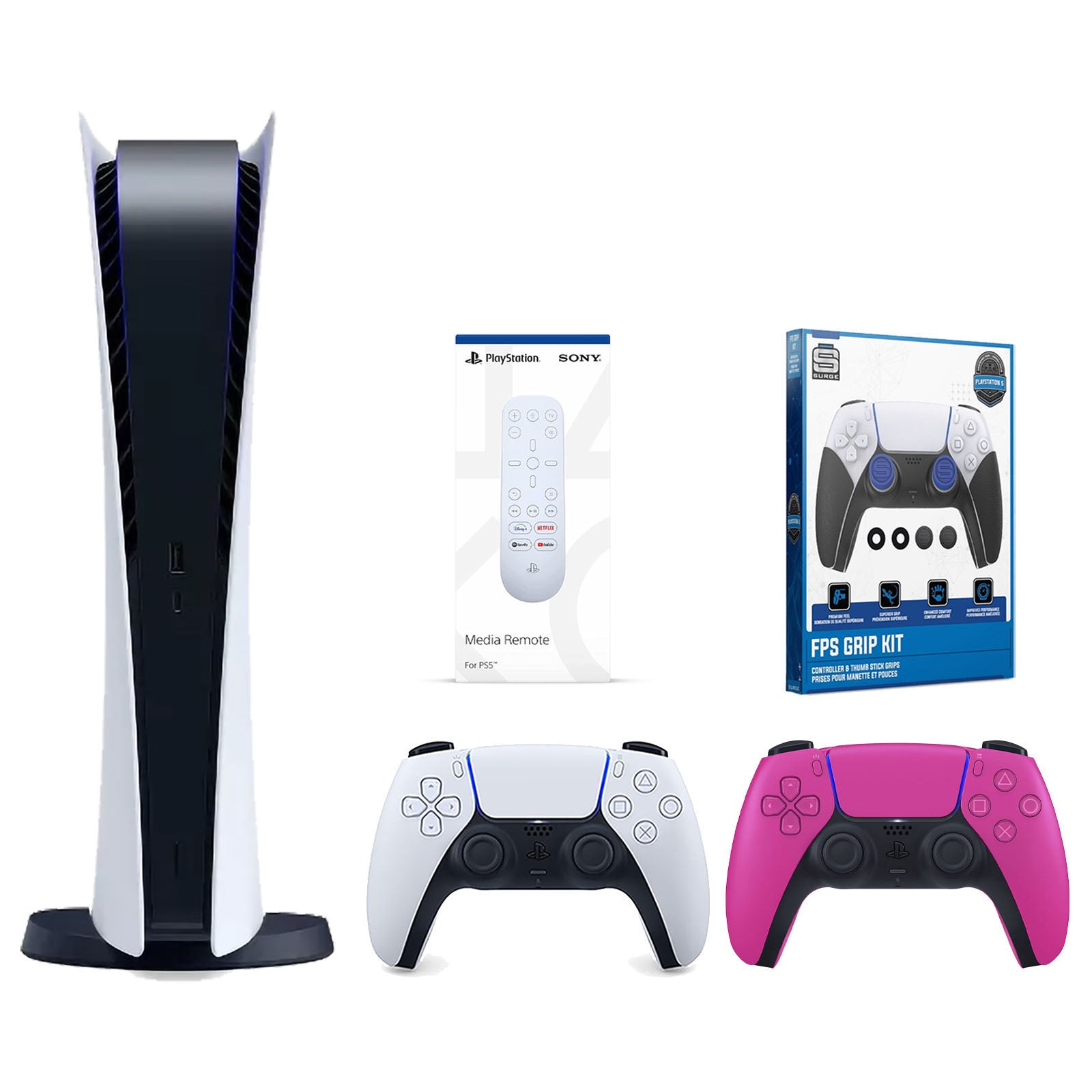 Sony Playstation 5 Digital Edition Console with Extra Pink Controller, Media Remote and Surge FPS Grip Kit With Precision Aiming Rings Bundle - Pro-Distributing