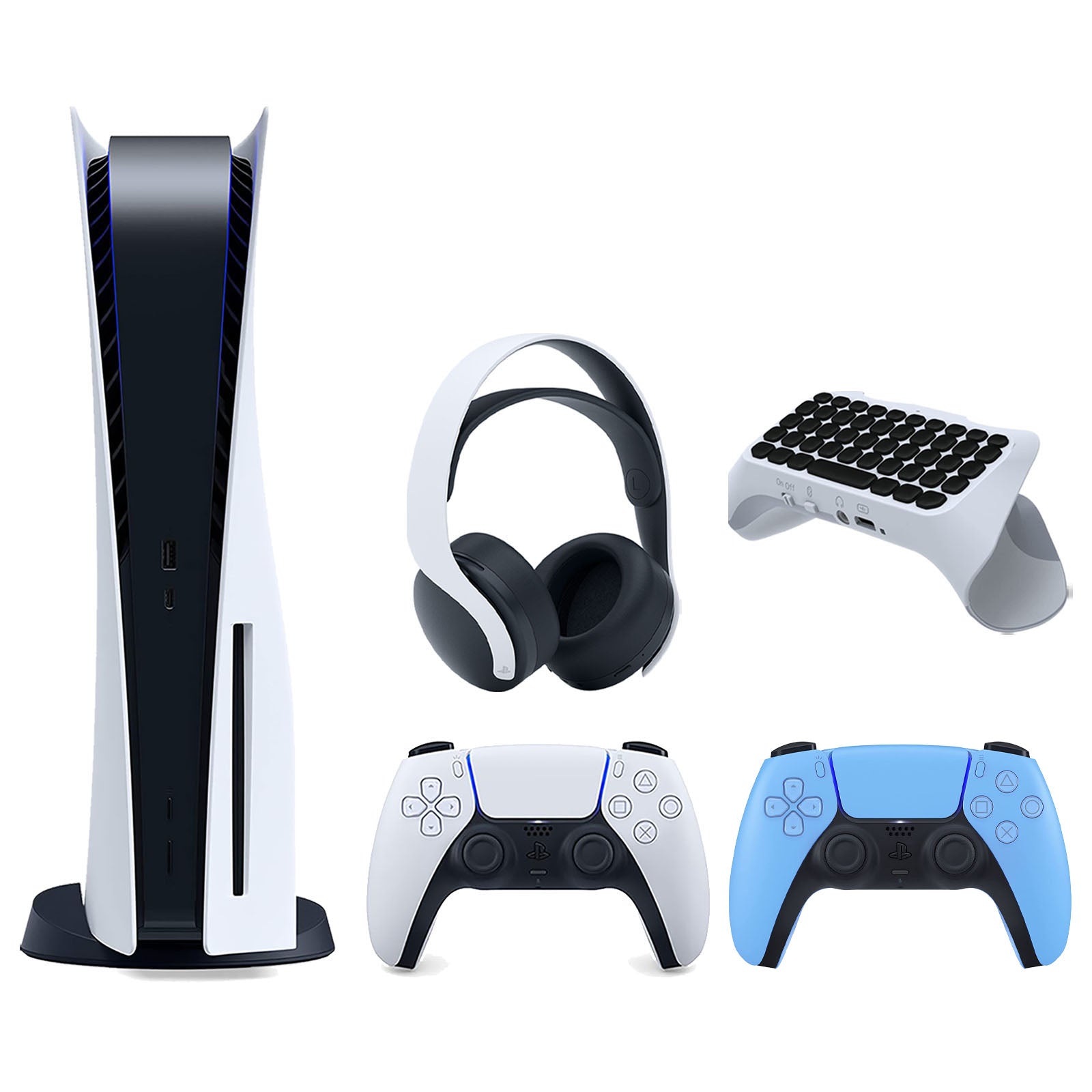 Sony Playstation 5 Disc Version Console with Extra Blue Controller, White PULSE 3D Headset and Surge QuickType 2.0 Wireless PS5 Controller Keypad Bundle - Pro-Distributing