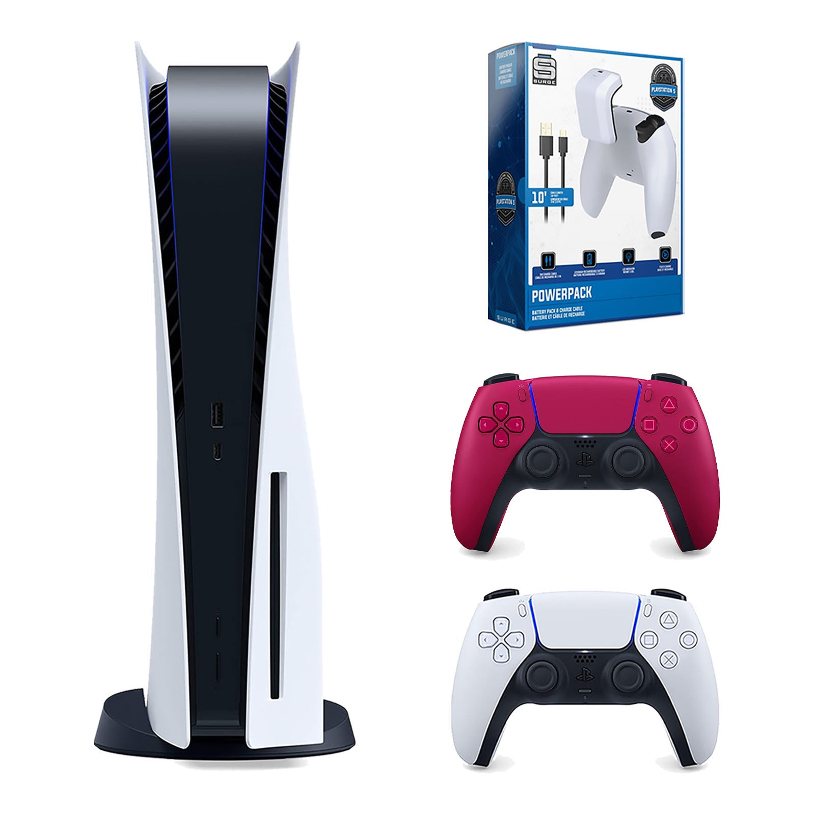 Sony Playstation 5 Disc Version Console with Extra Red Controller and Surge PowerPack Battery Pack & Charge Cable Bundle - Pro-Distributing