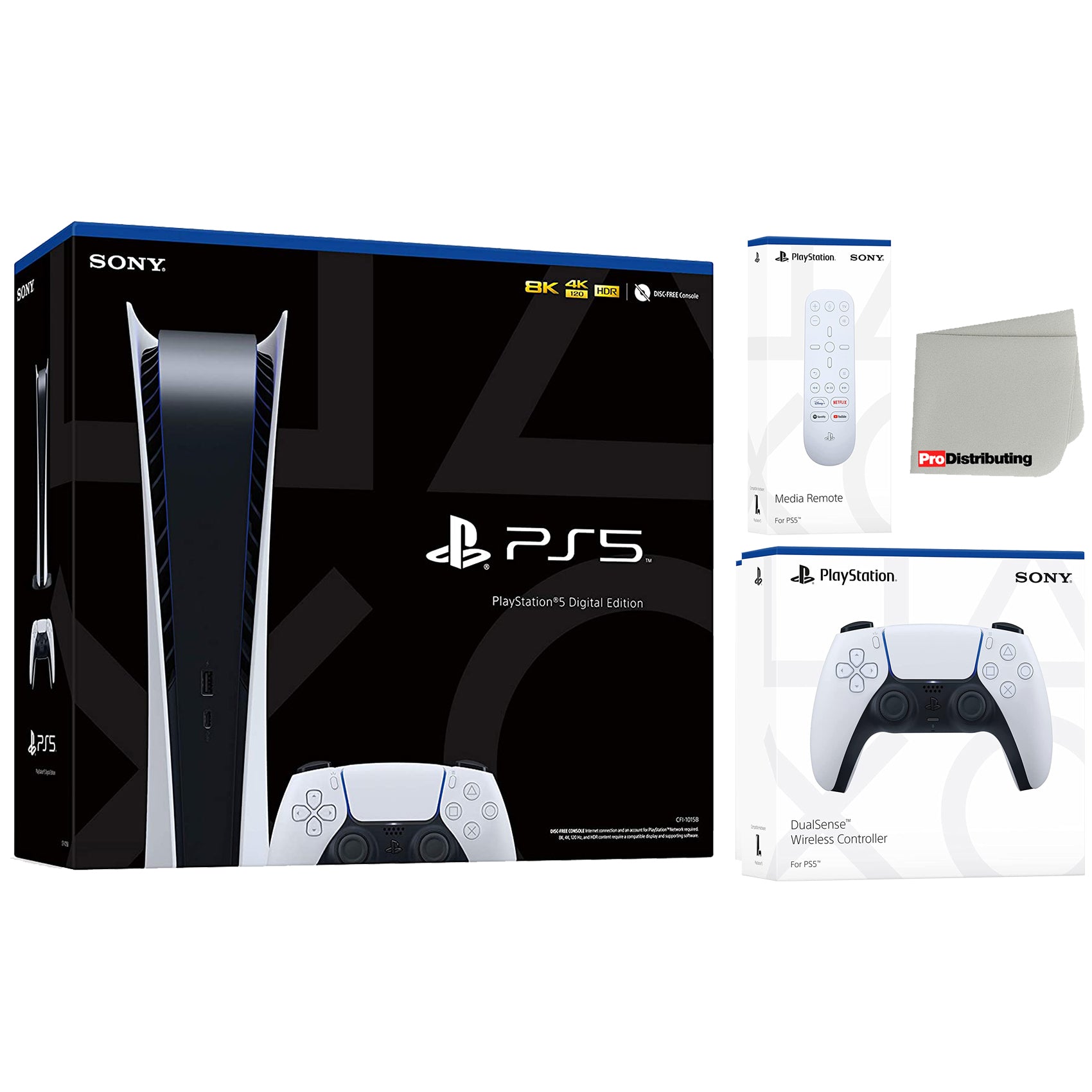 Sony Playstation 5 Digital Version (PS5 Digital) with White Extra Controller, Media Remote and Cleaning Cloth Bundle - Pro-Distributing